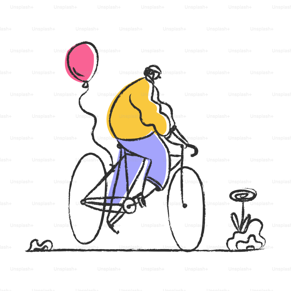 Person riding a bicycle with a pink balloon.