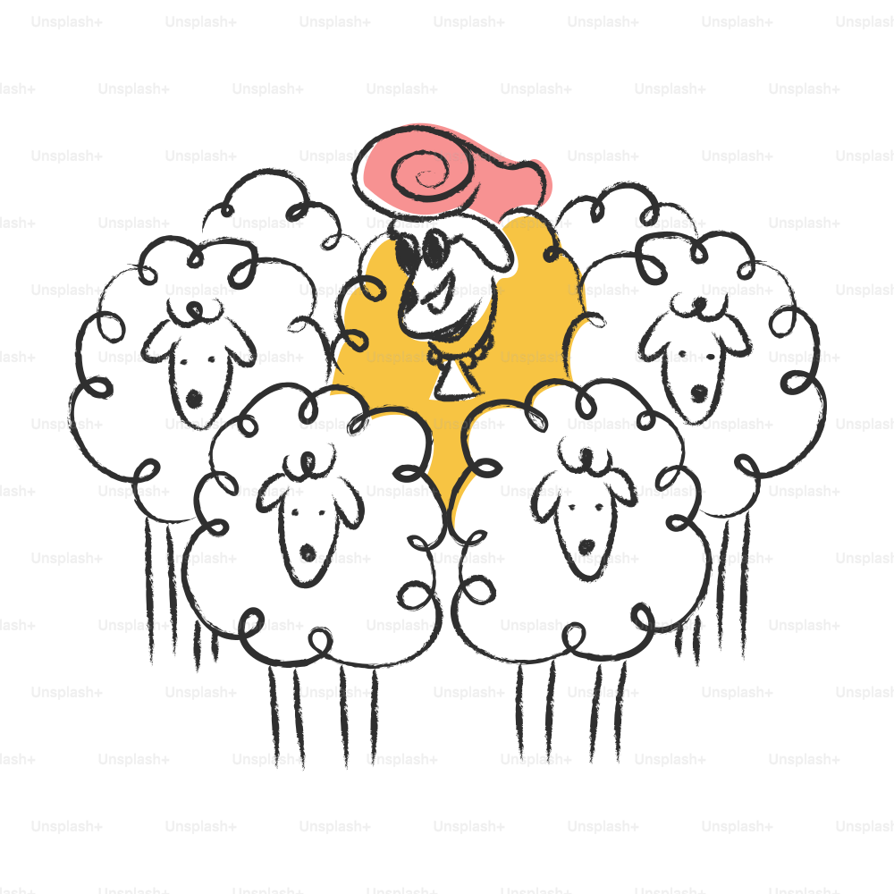 A yellow sheep stands out from white sheep.
