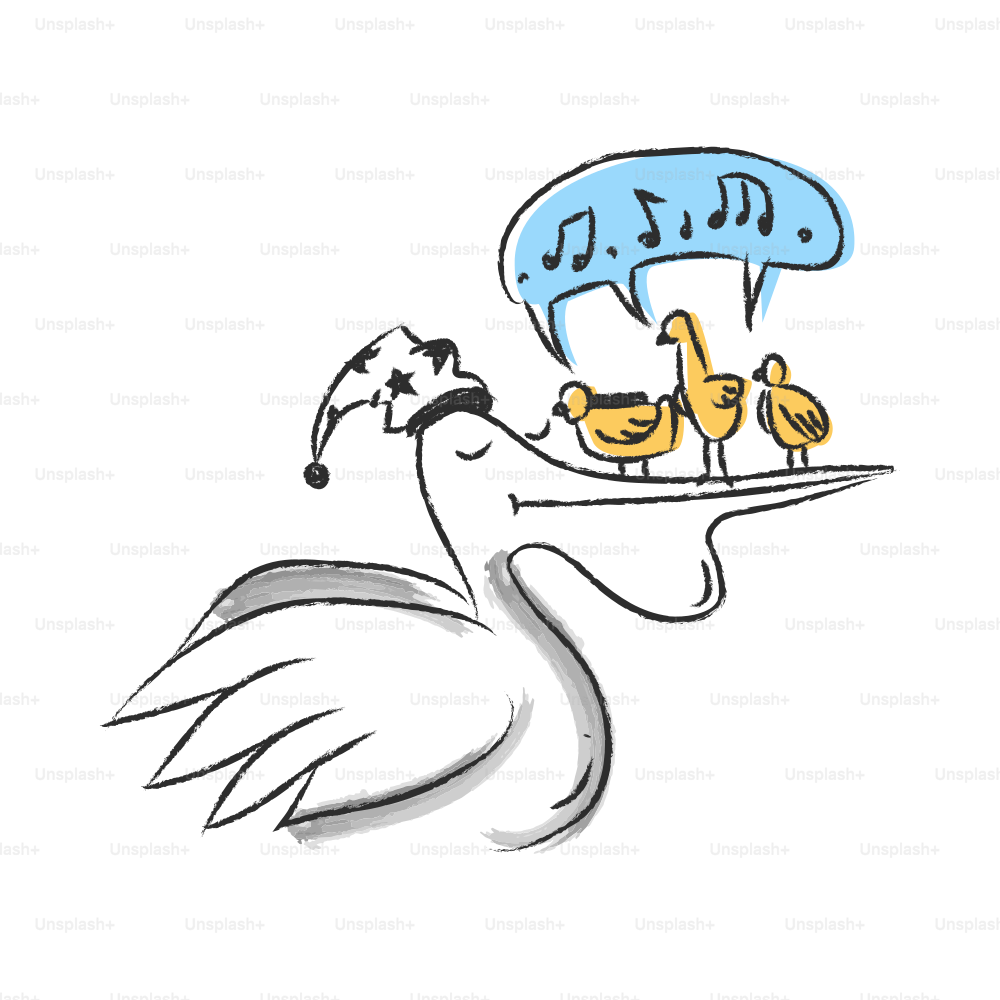 Pelican wearing a nightcap with birds singing