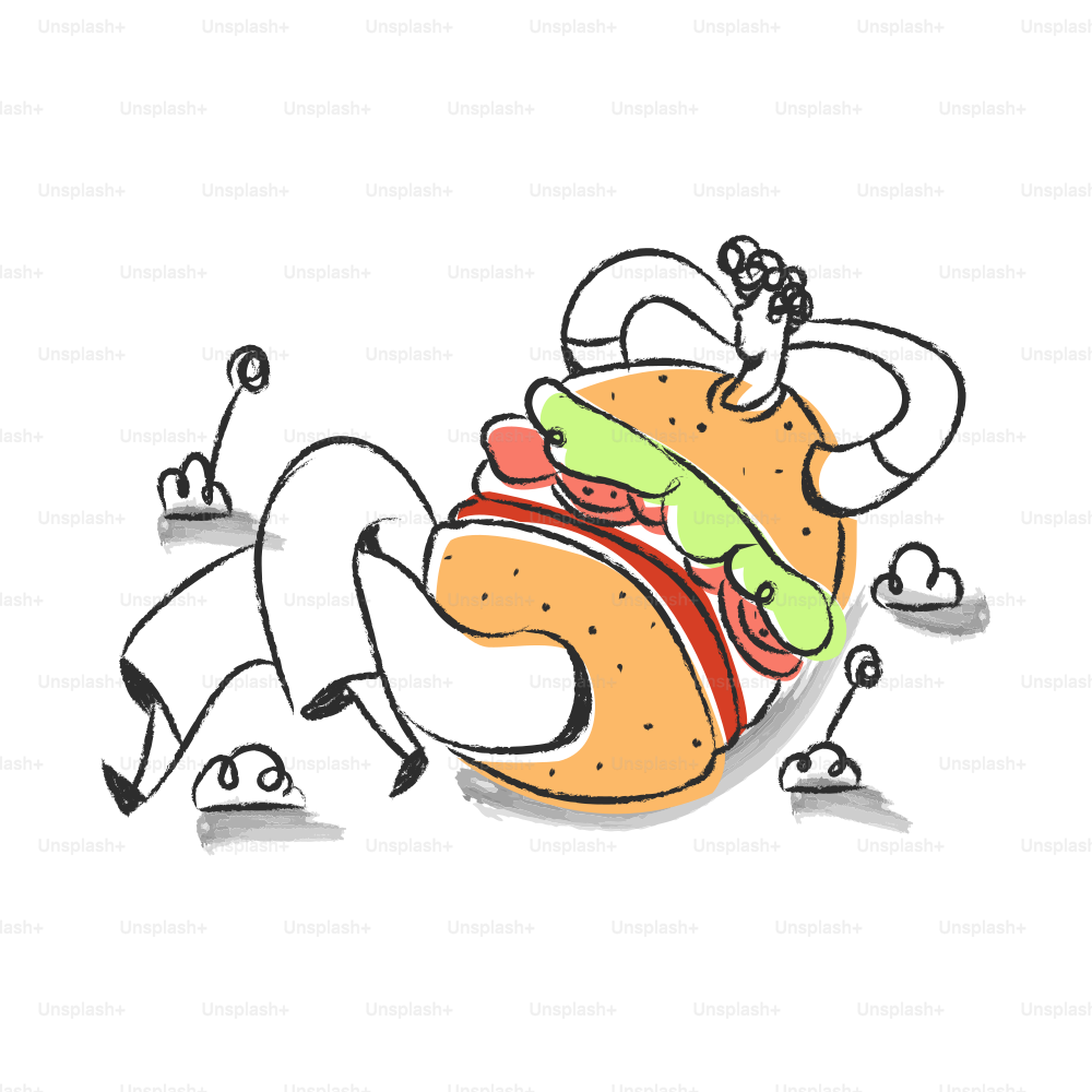 Person, die auf einem riesigen Hamburger in den Wolken schläft.