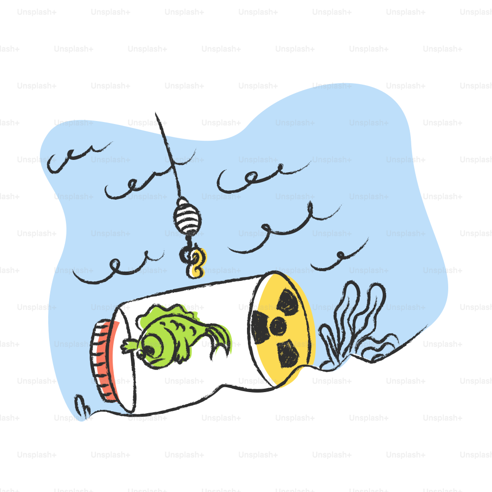 Bottle with radioactive symbol and dead fish underwater