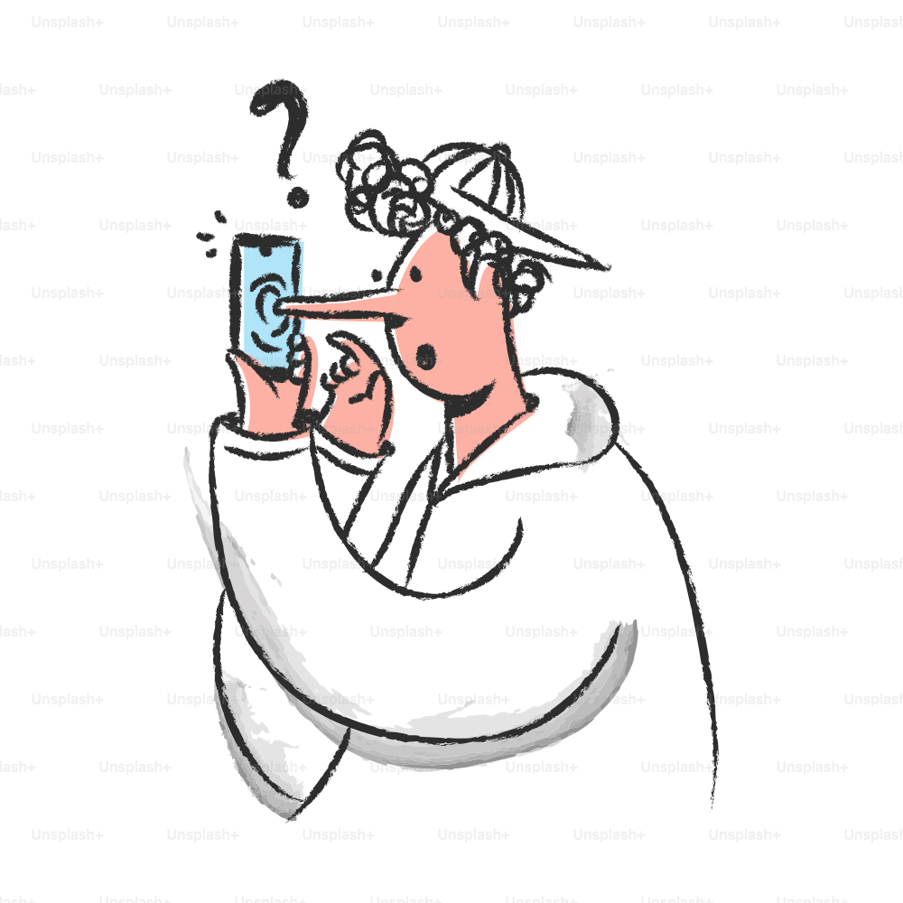 Person with long nose looking at smartphone with question mark.