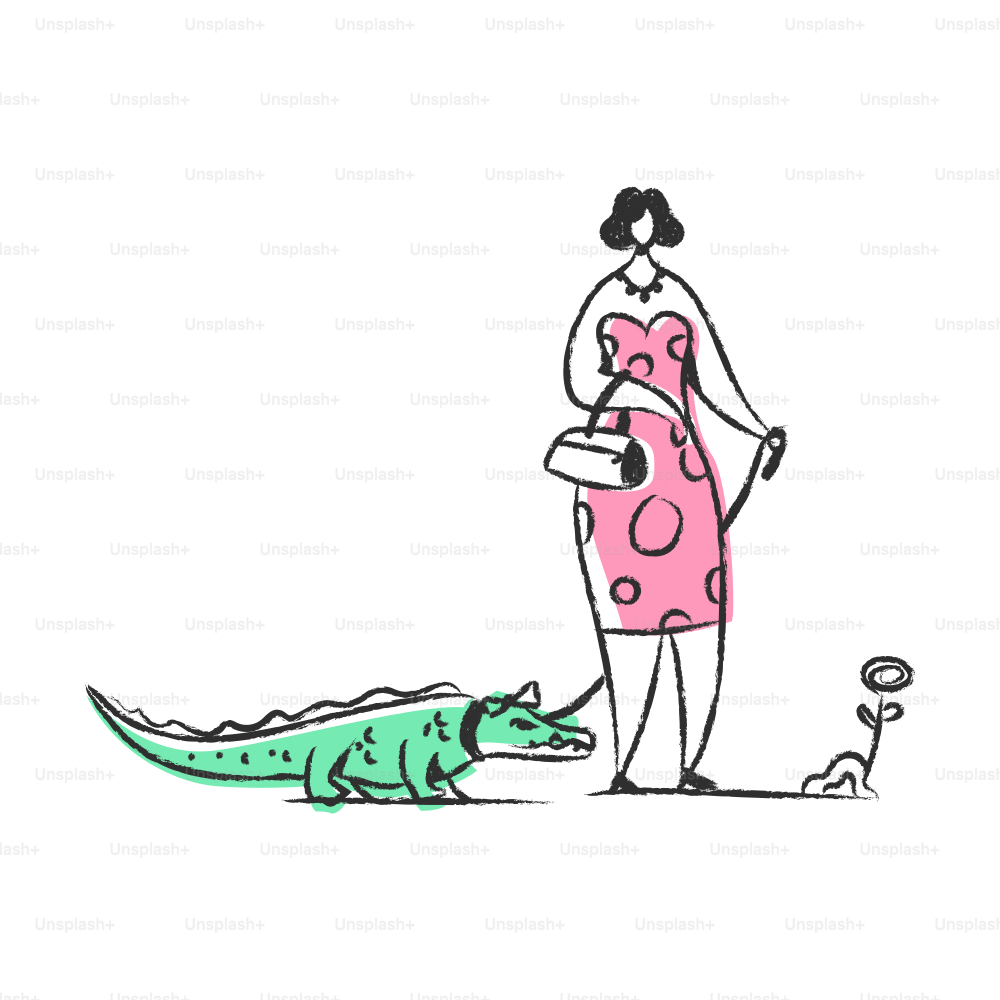 Woman with alligator on leash and a halo