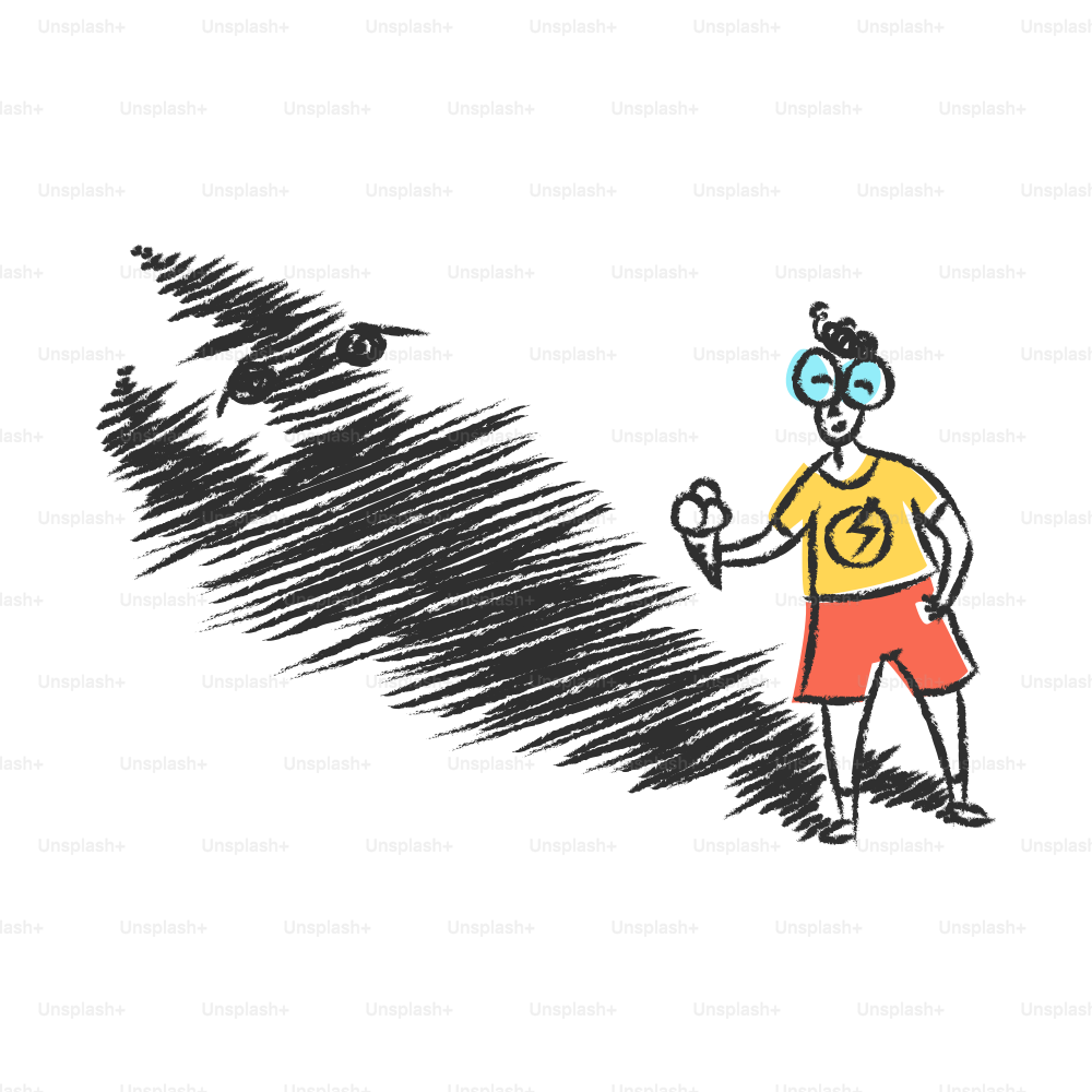 A boy with glasses eating ice cream casts a shadow.