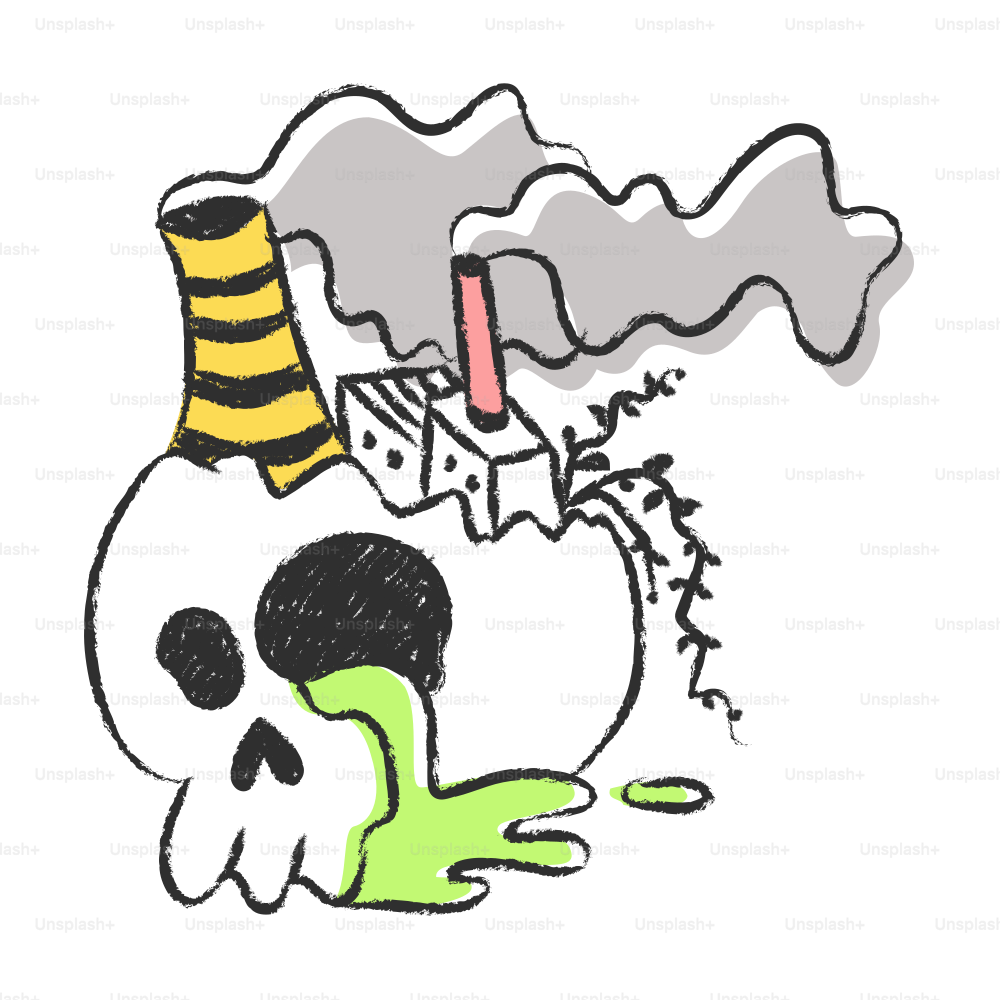 Skull with factory emitting smoke and toxic waste