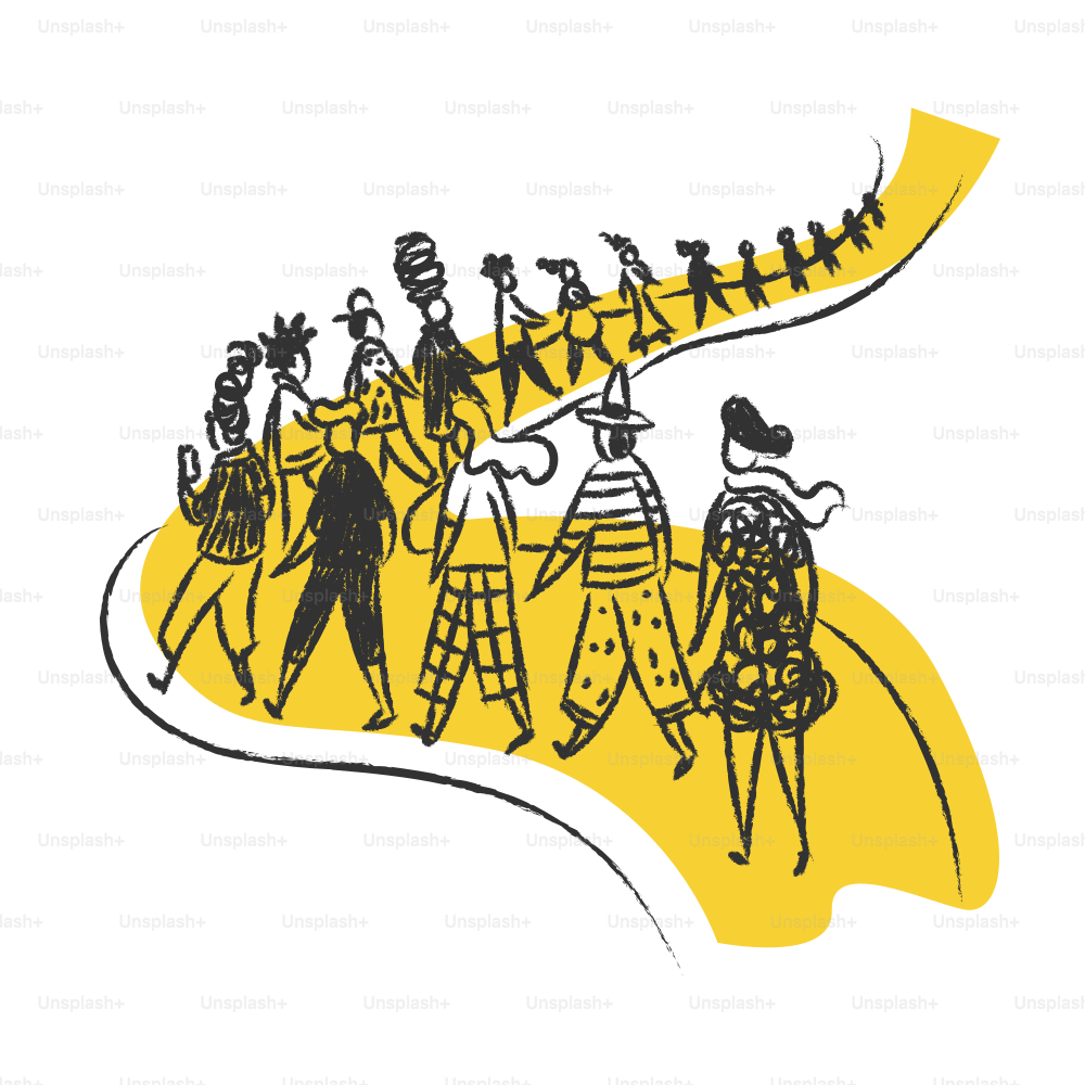 Grupo diverso de pessoas caminhando por um caminho amarelo.