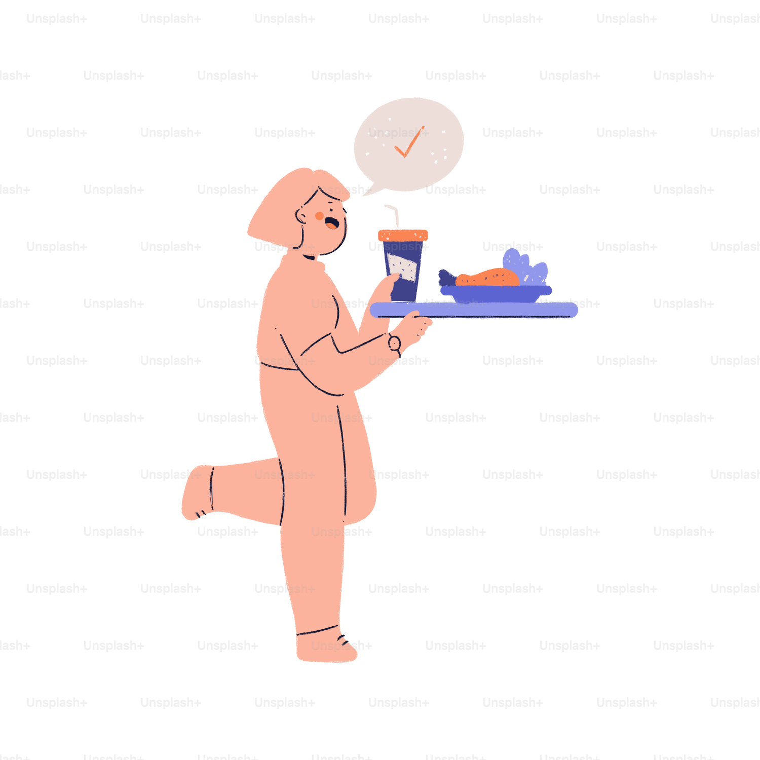 Person carrying a tray with food and drink