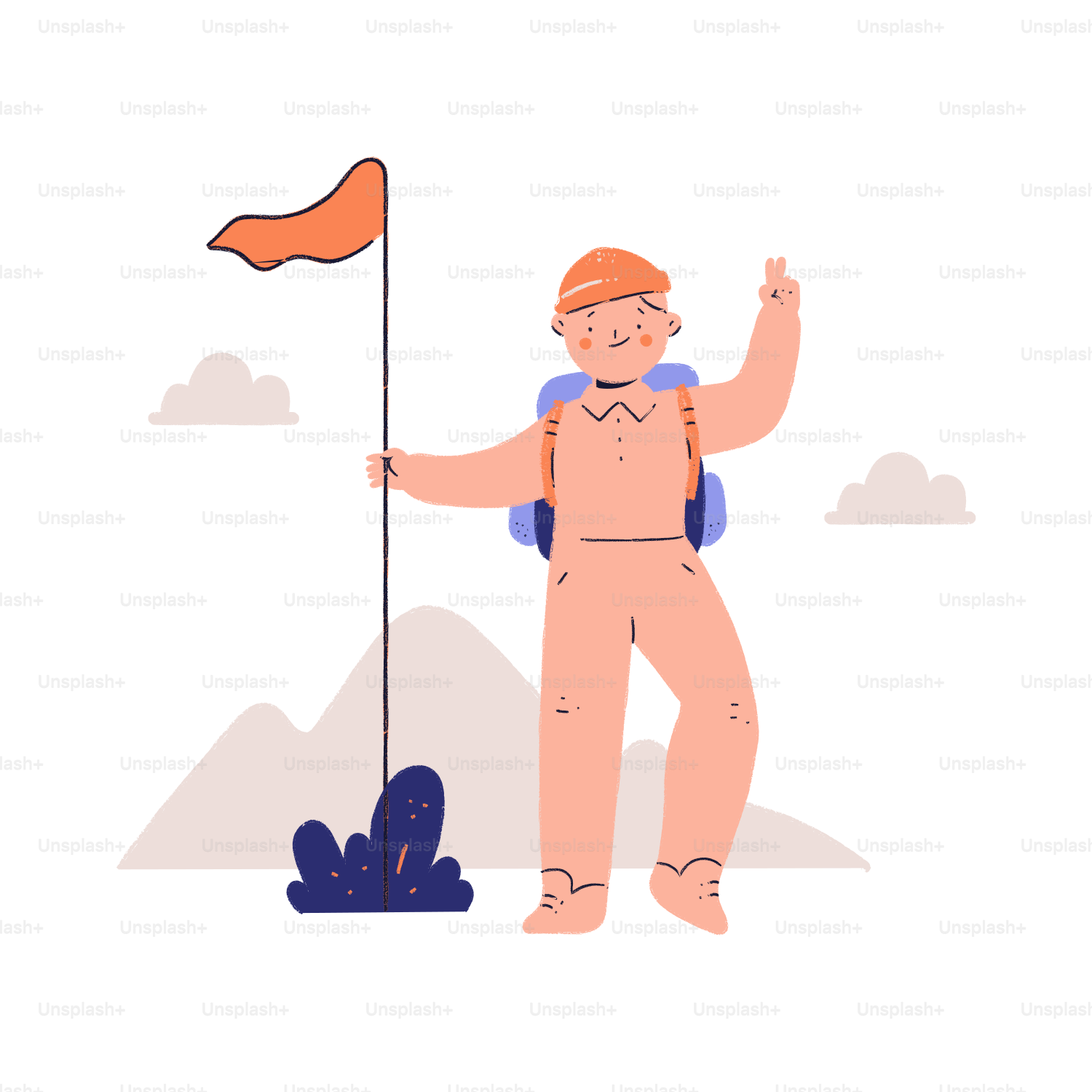 Person mit Rucksack und Flagge auf dem Berggipfel