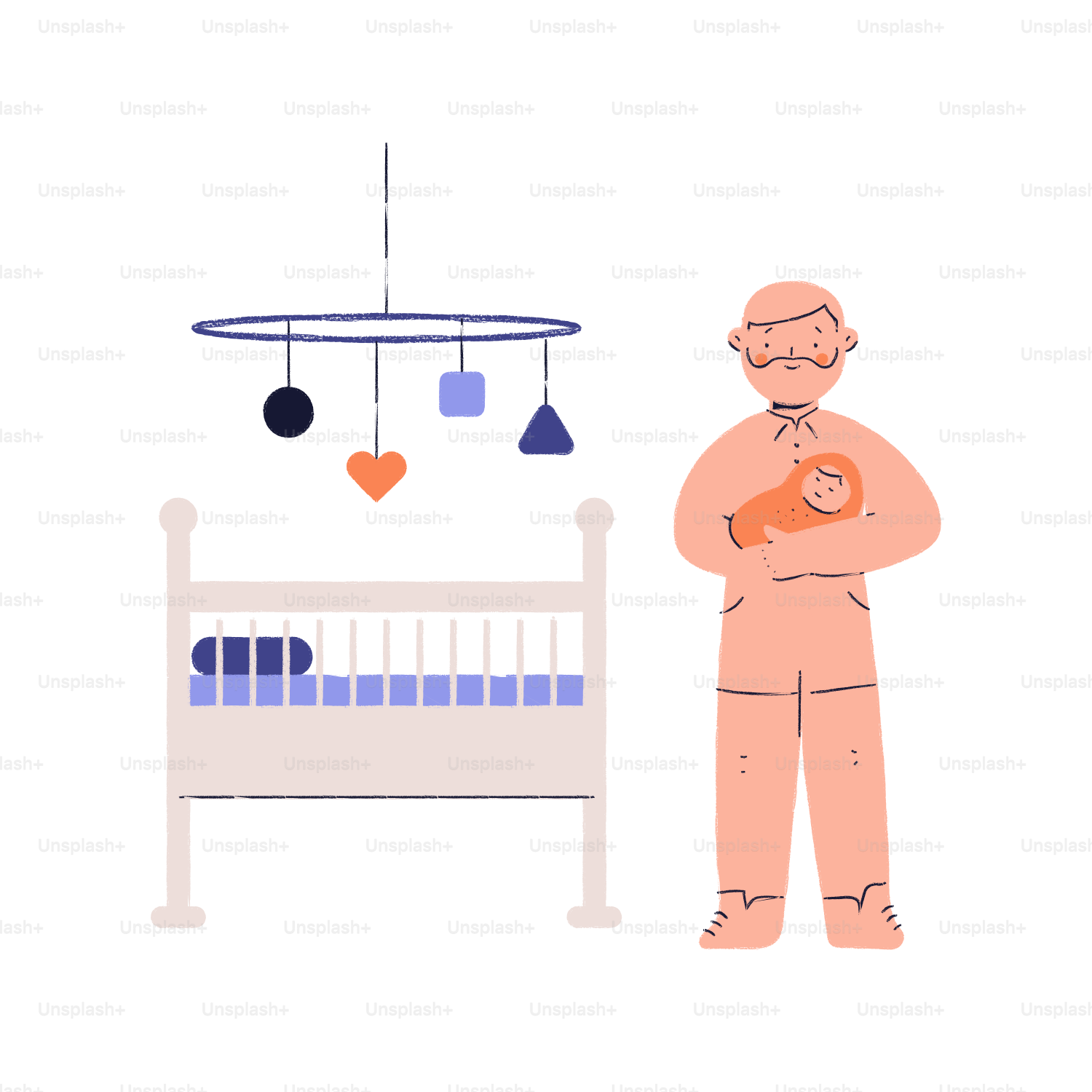 Eine Person, die ein Baby neben einem Kinderbett hält.