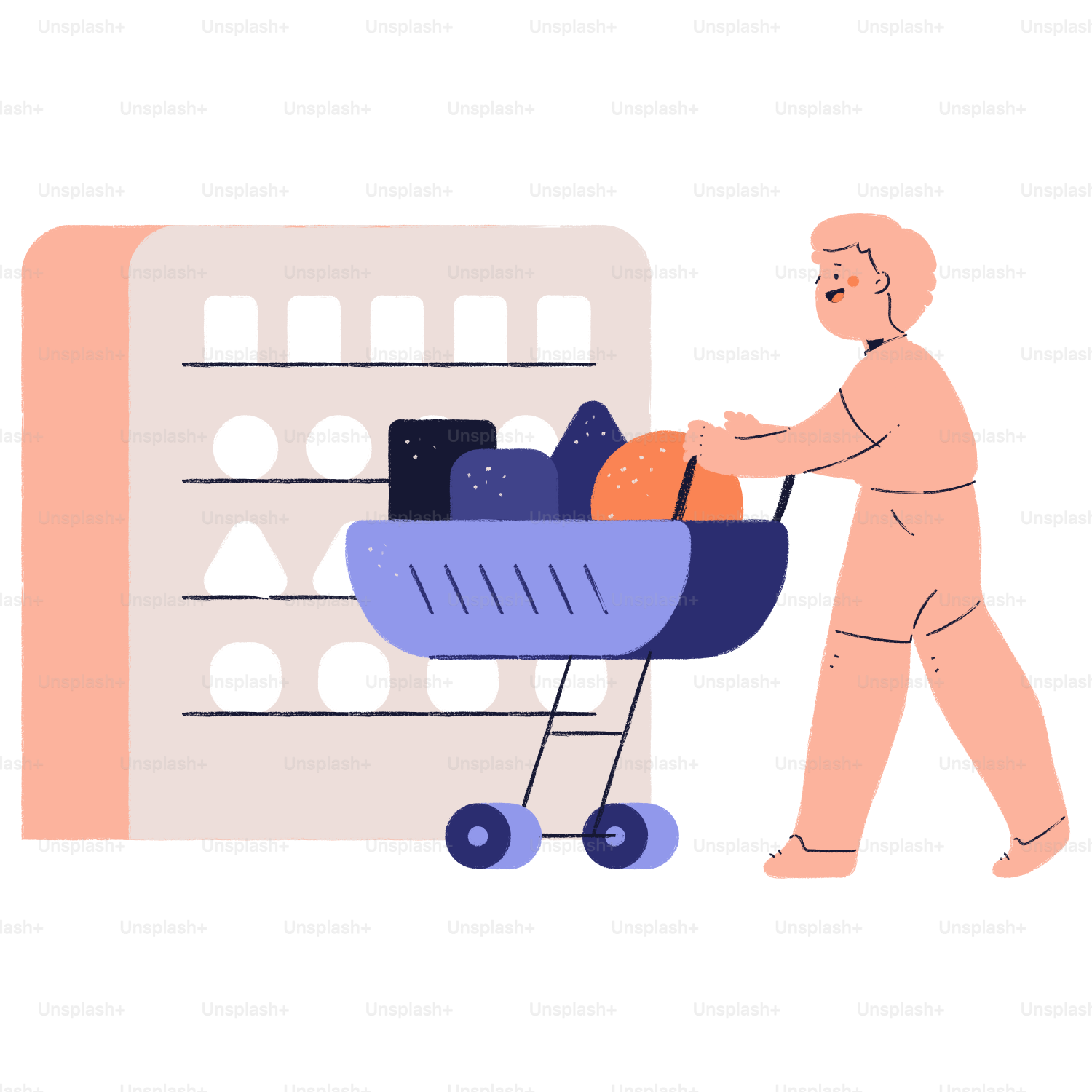 Persona empujando un carrito de la compra lleno de provisiones.