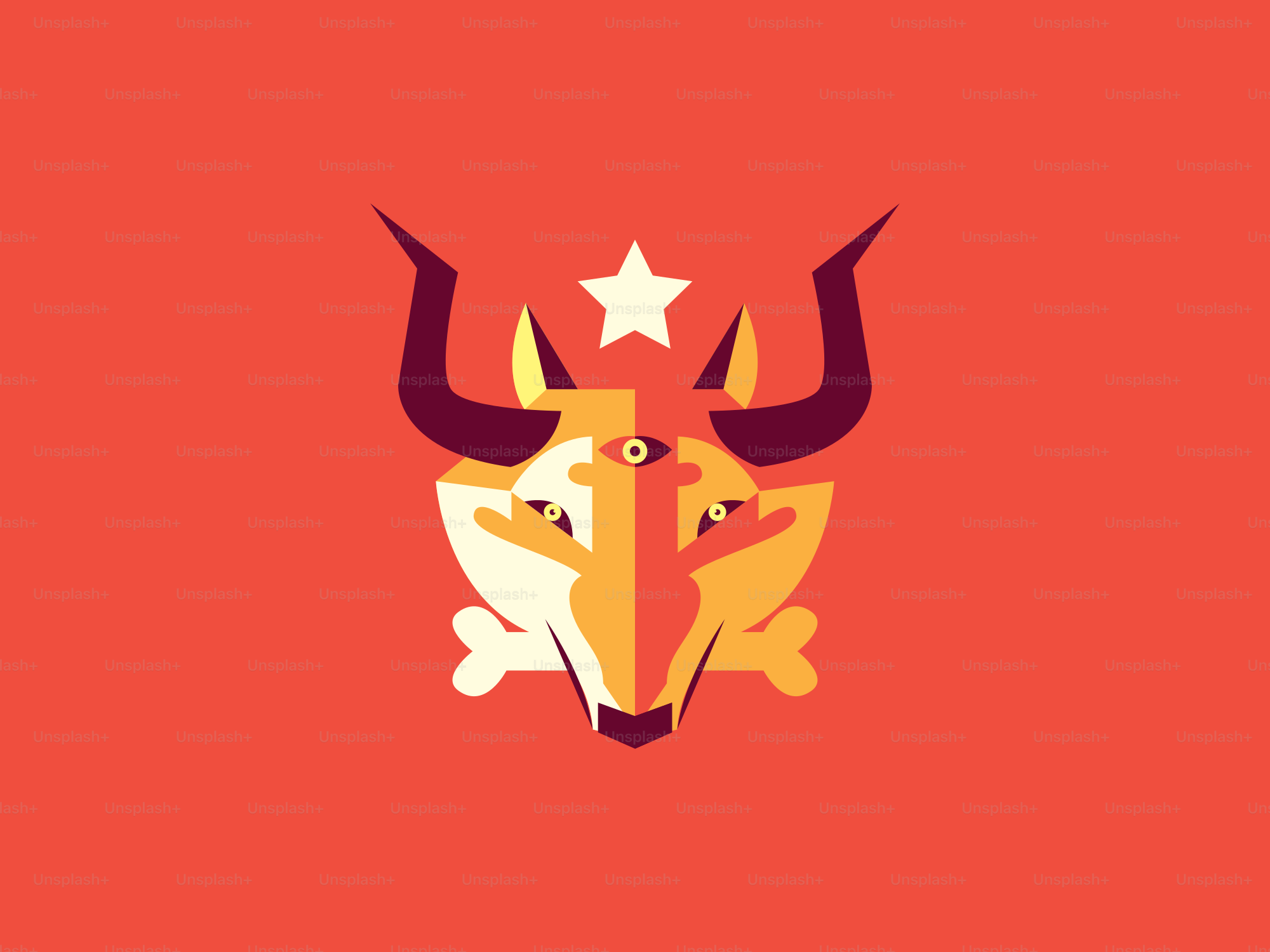 Stylized wolf head with horns and bones on red background