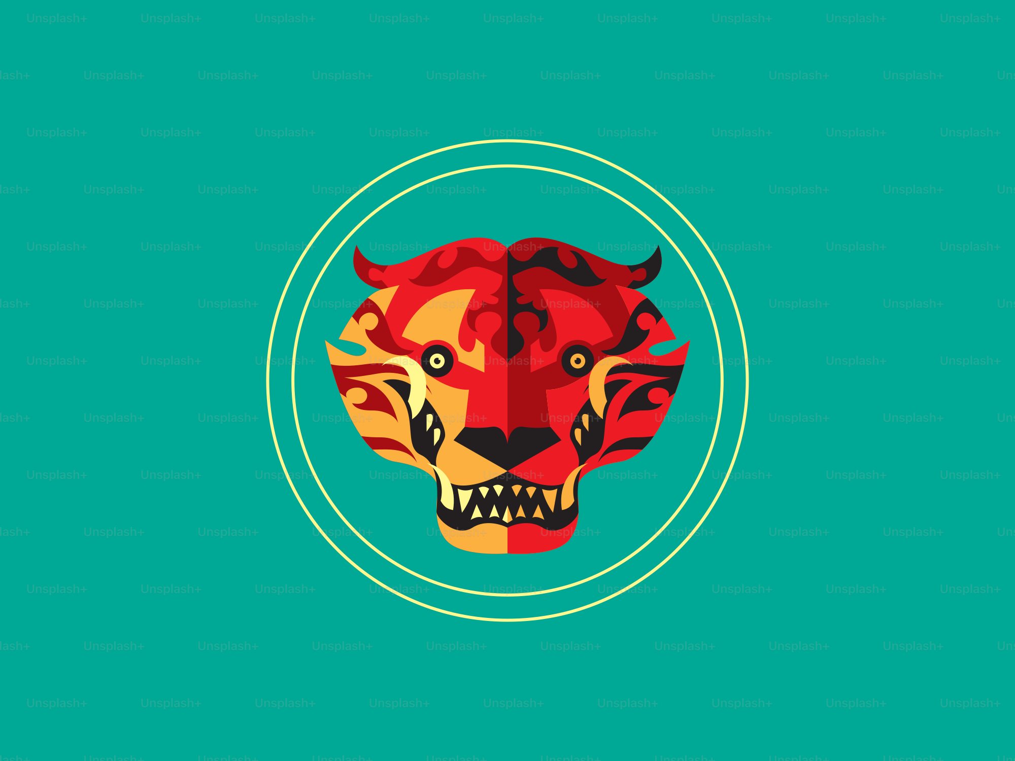 Stylized tiger face in a circular frame on teal background.