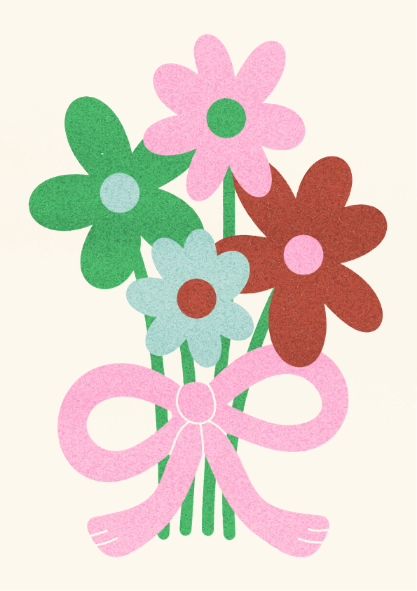 Un ramo de flores coloridas atado con un lazo rosa.