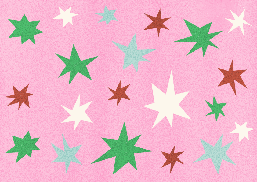 Estrellas esparcidas de colores sobre un fondo rosa.