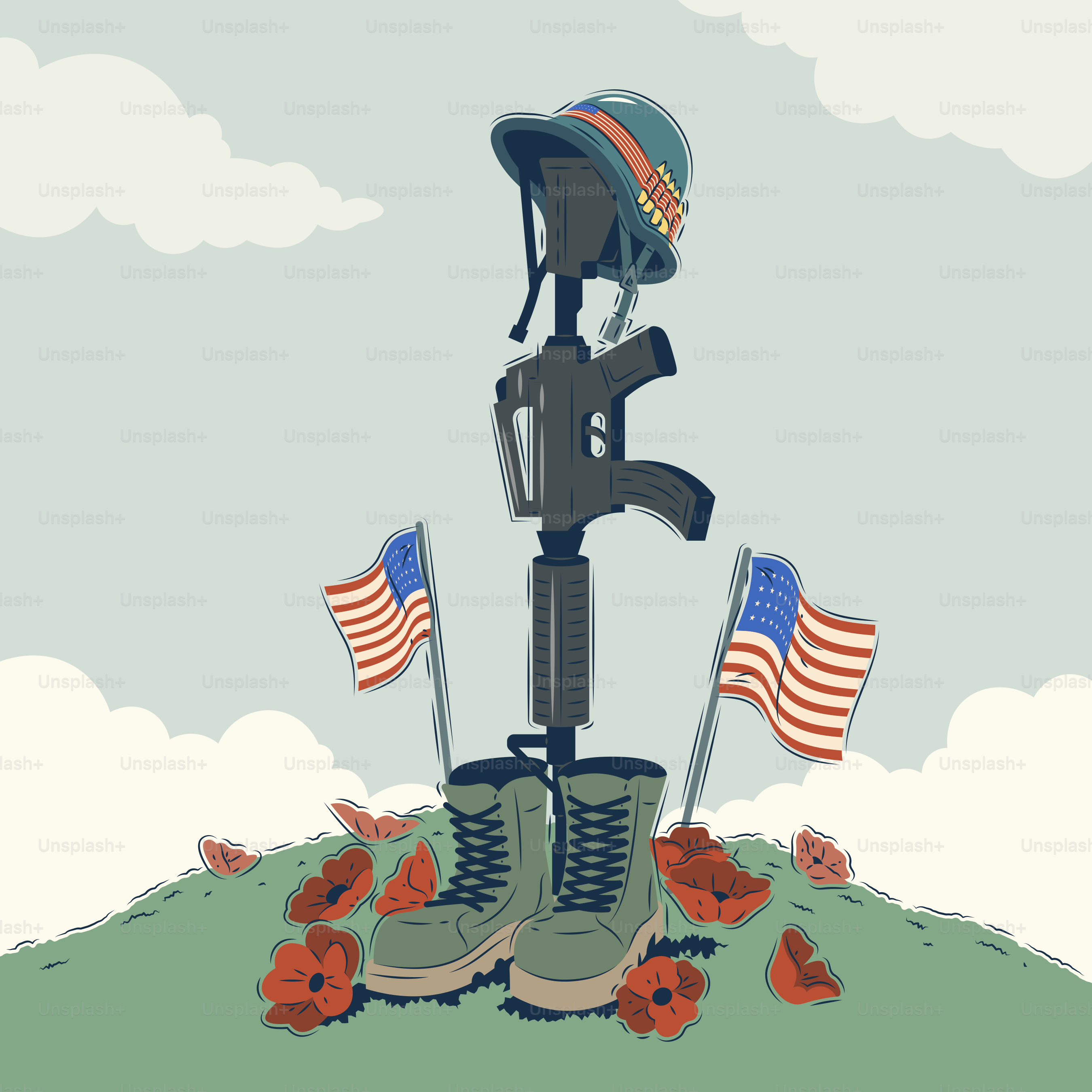 Mémorial du soldat tombé au combat avec casque, fusil, bottes et drapeaux.