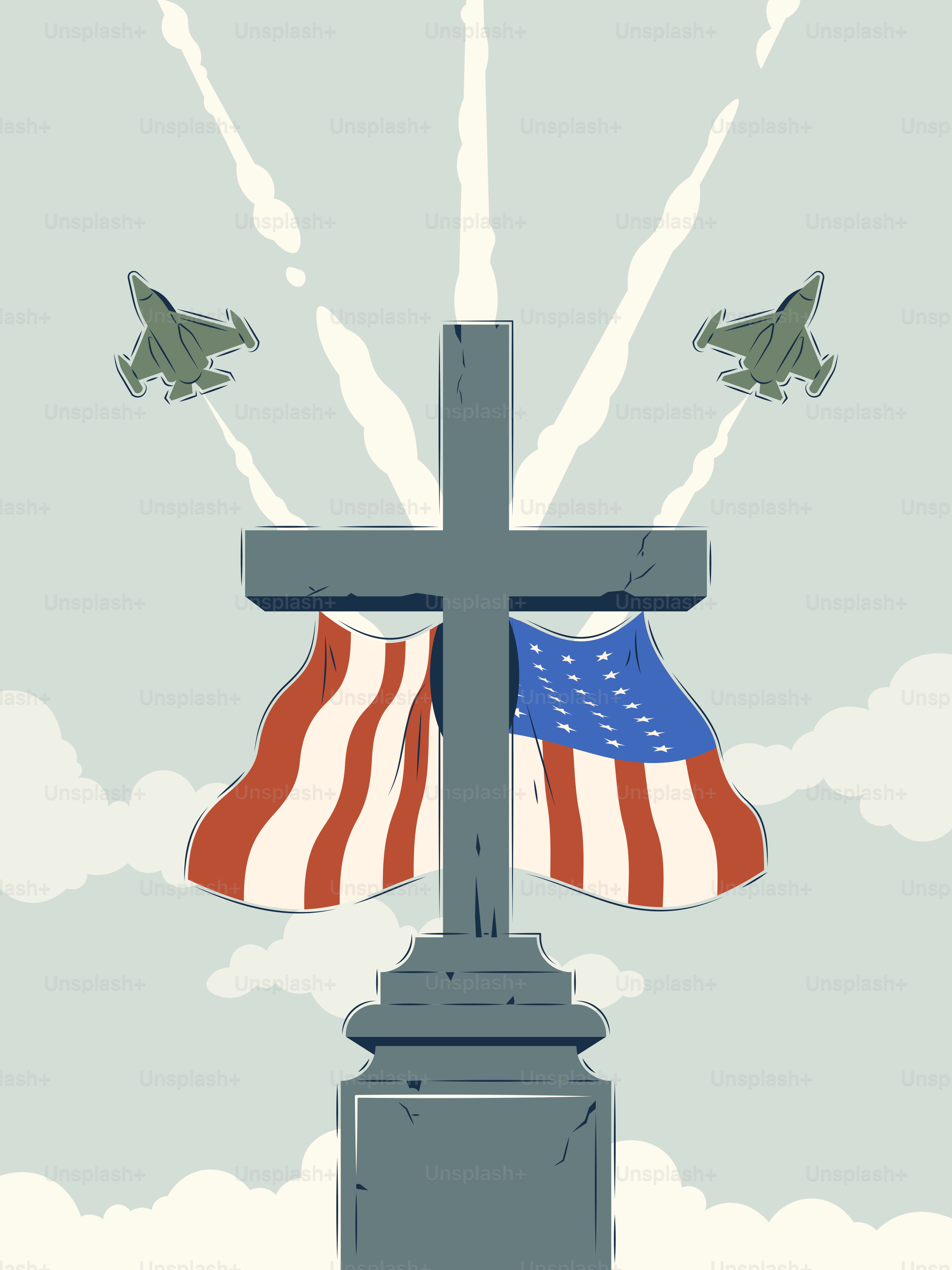 Cross with american flags and fighter jets flying