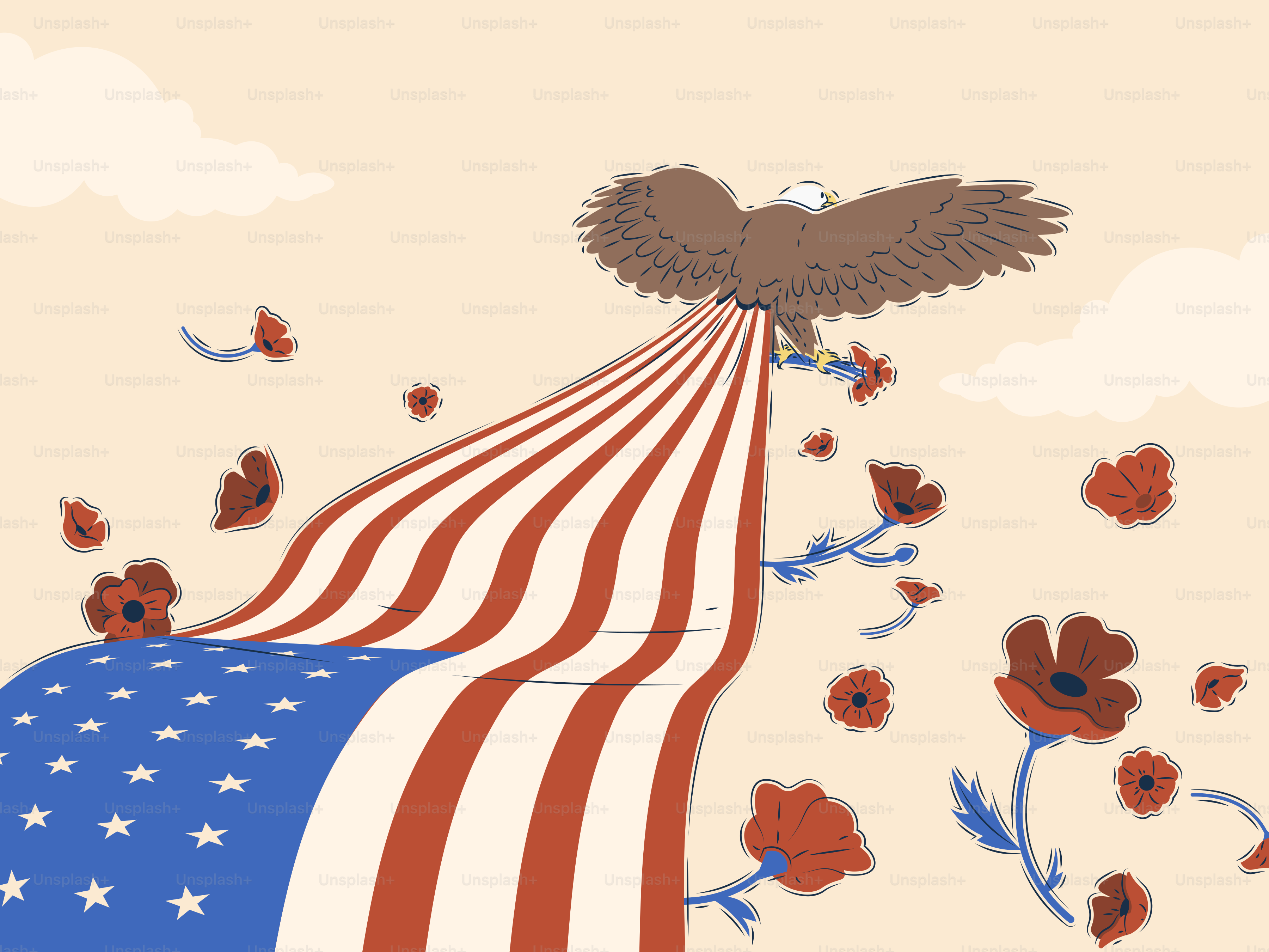 Bald eagle carries american flag through poppy field