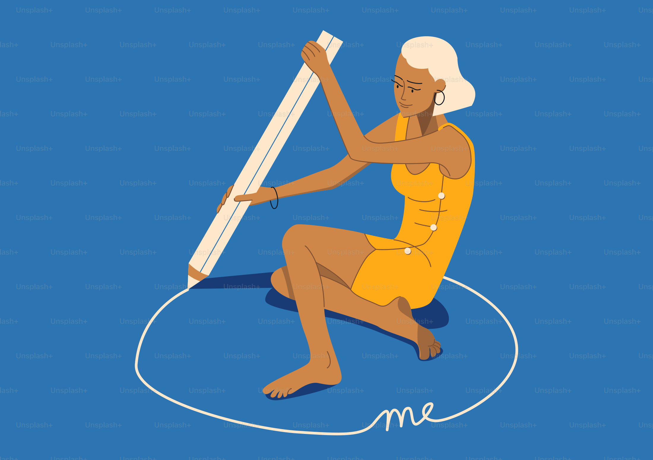 Woman drawing a circle with the word 'me' inside.