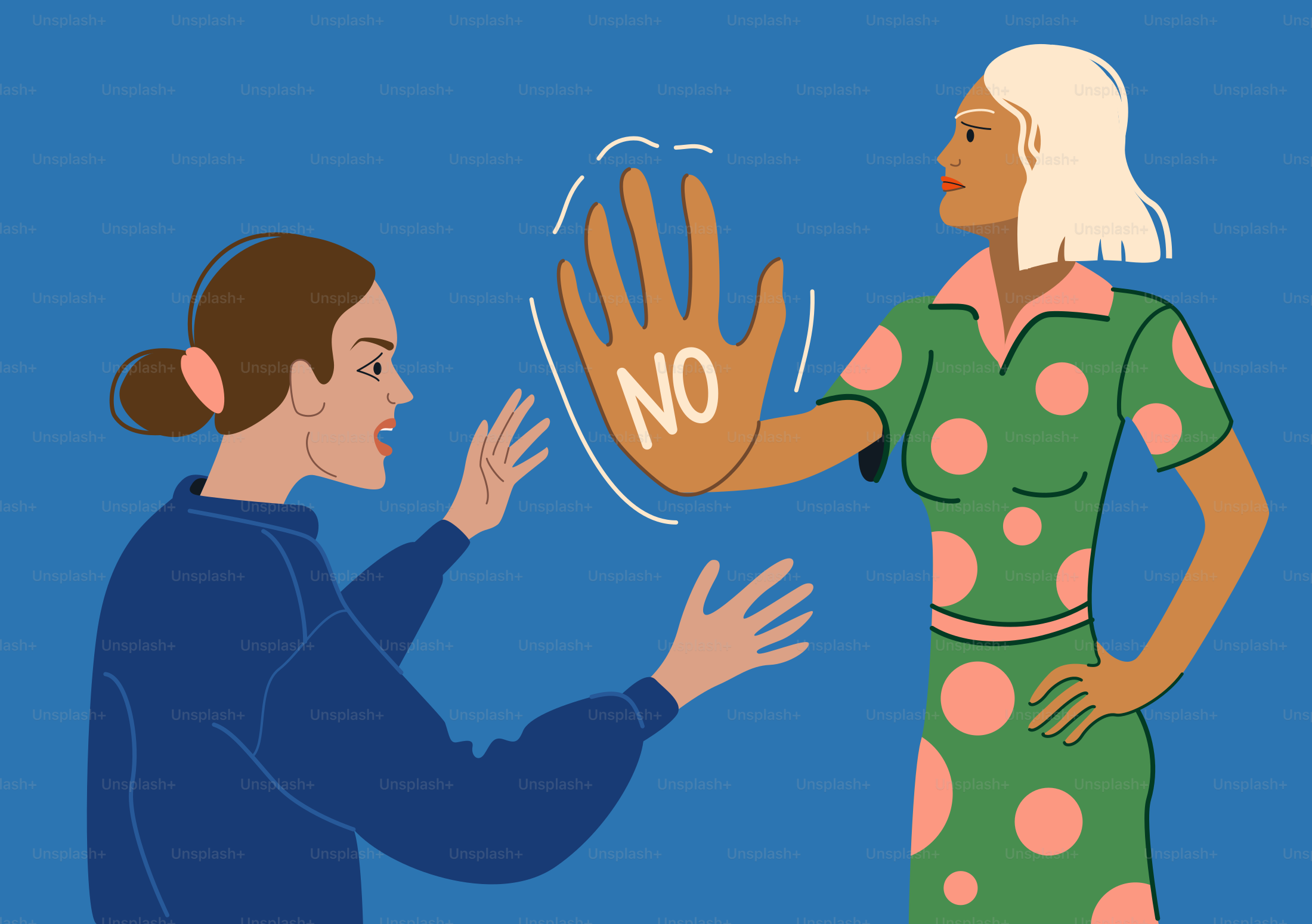 女性は手を挙げて拒否し、別の女性を拒否します。