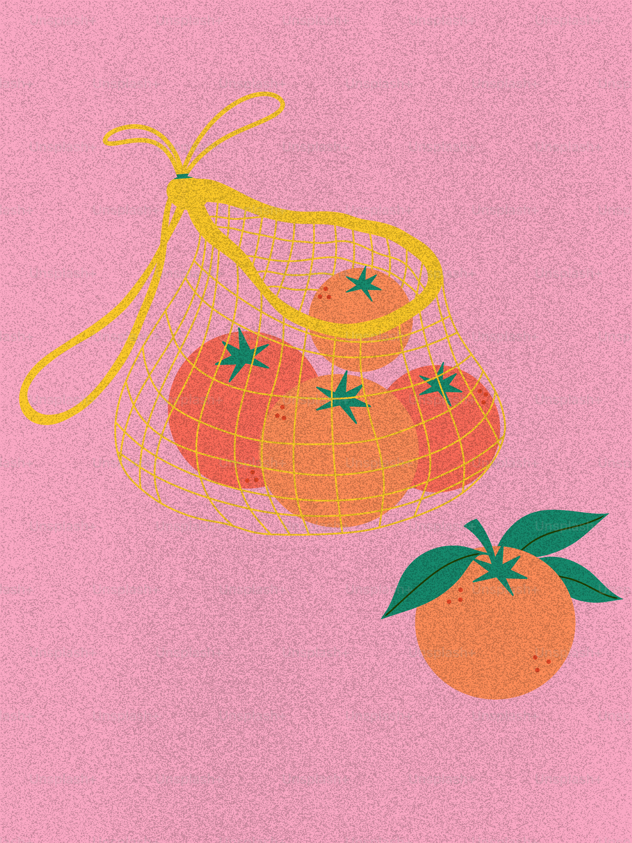 Oranges in a yellow net bag on pink background