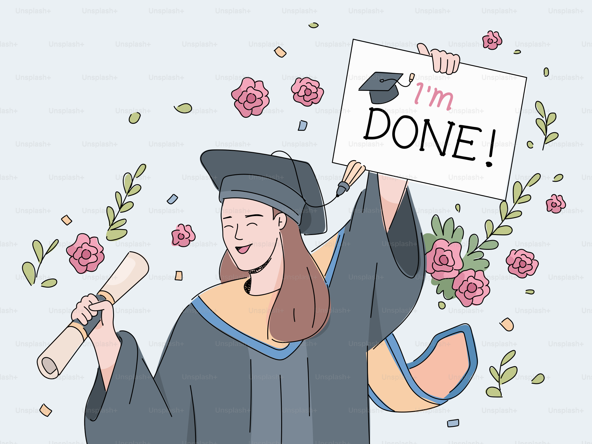 Un diplomato in toga e cappello possiede un diploma e un segno.