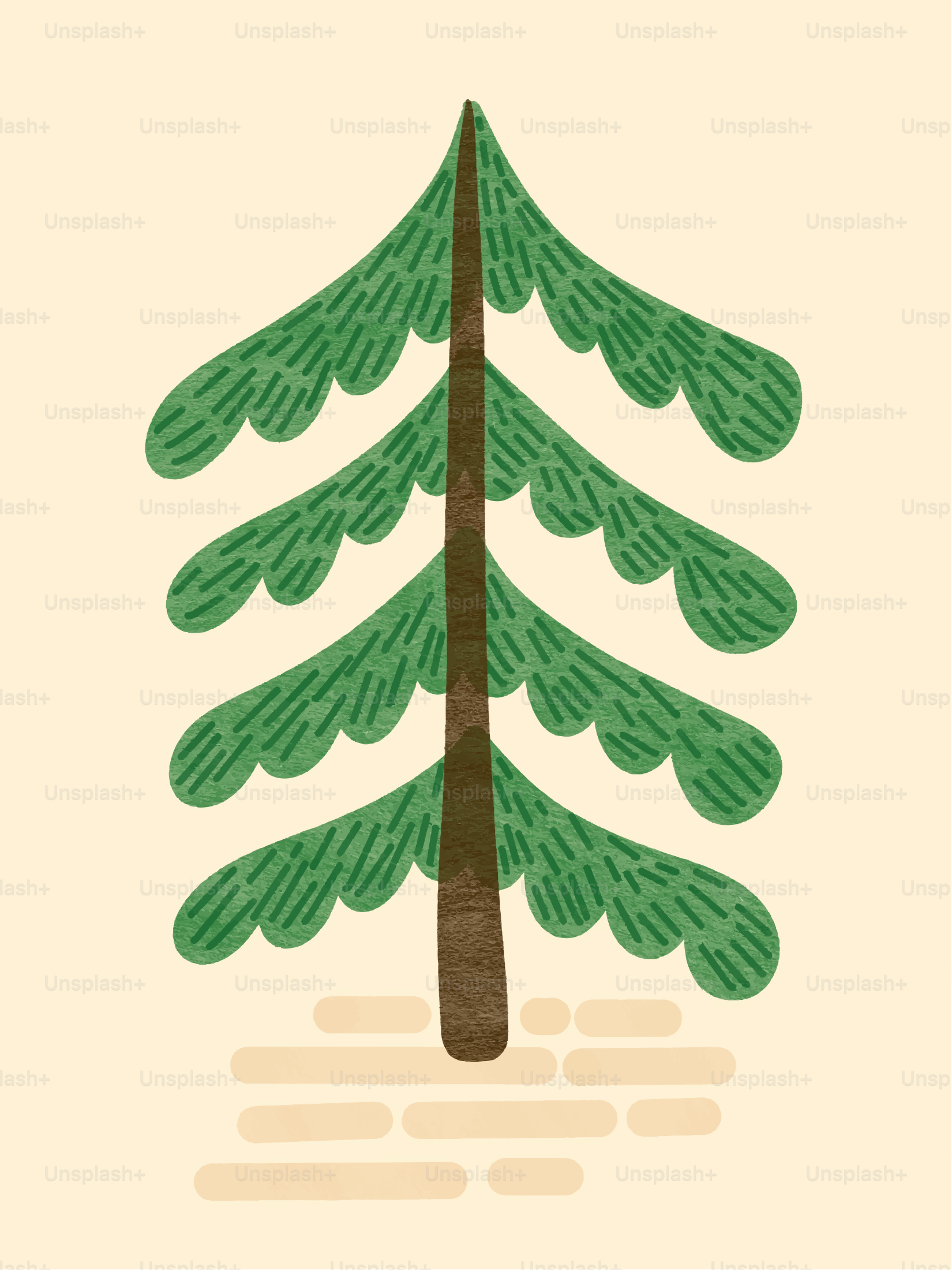 Stylized green pine tree with brown trunk on beige background.