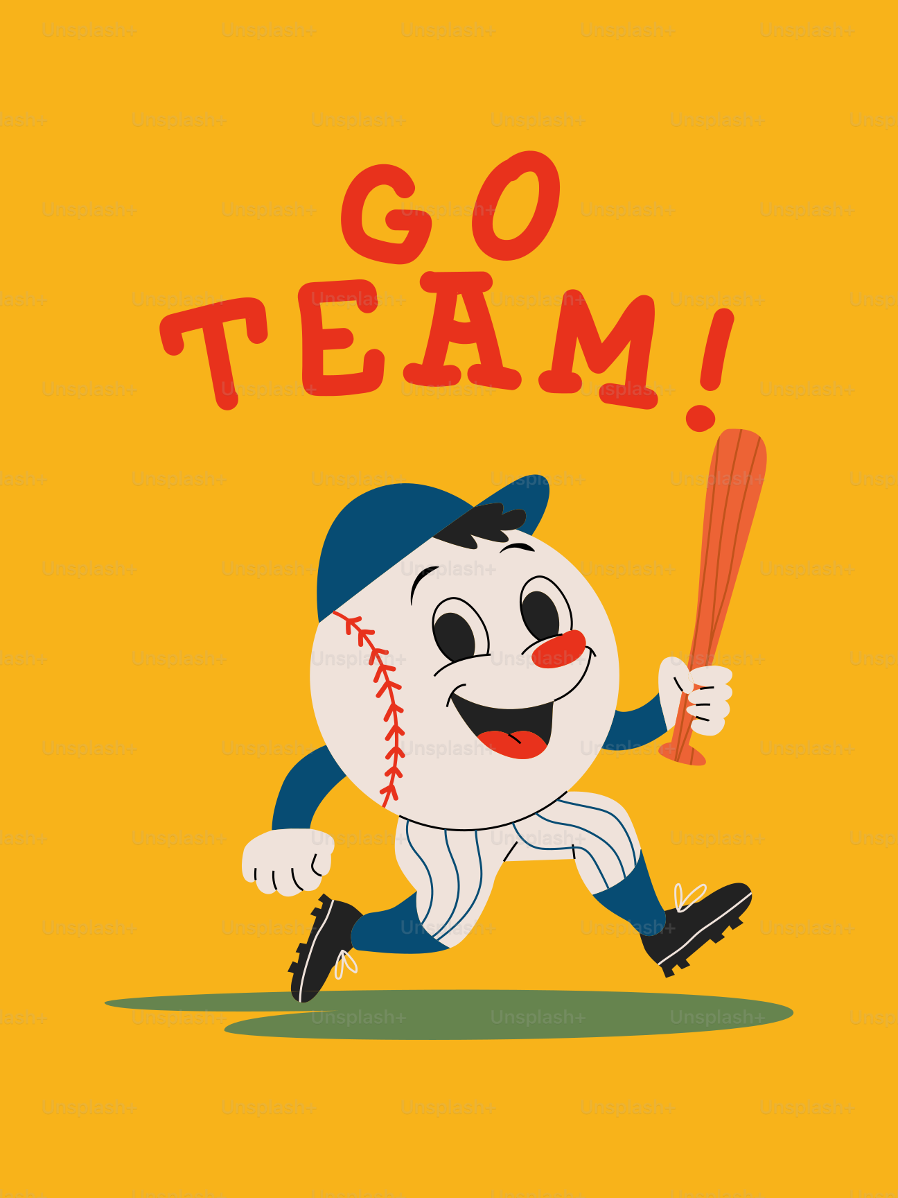 Personaje de béisbol de dibujos animados con bate sobre fondo amarillo