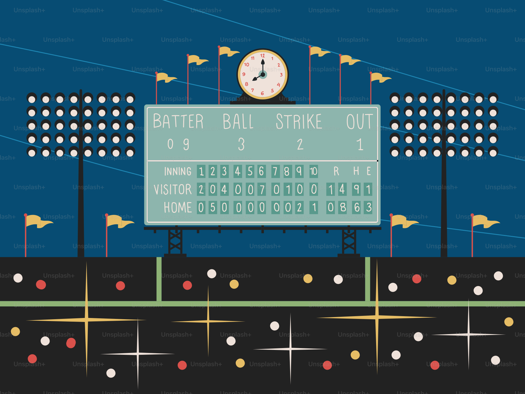 Baseballanzeigetafel mit Lichtern und Fahnen bei Nacht