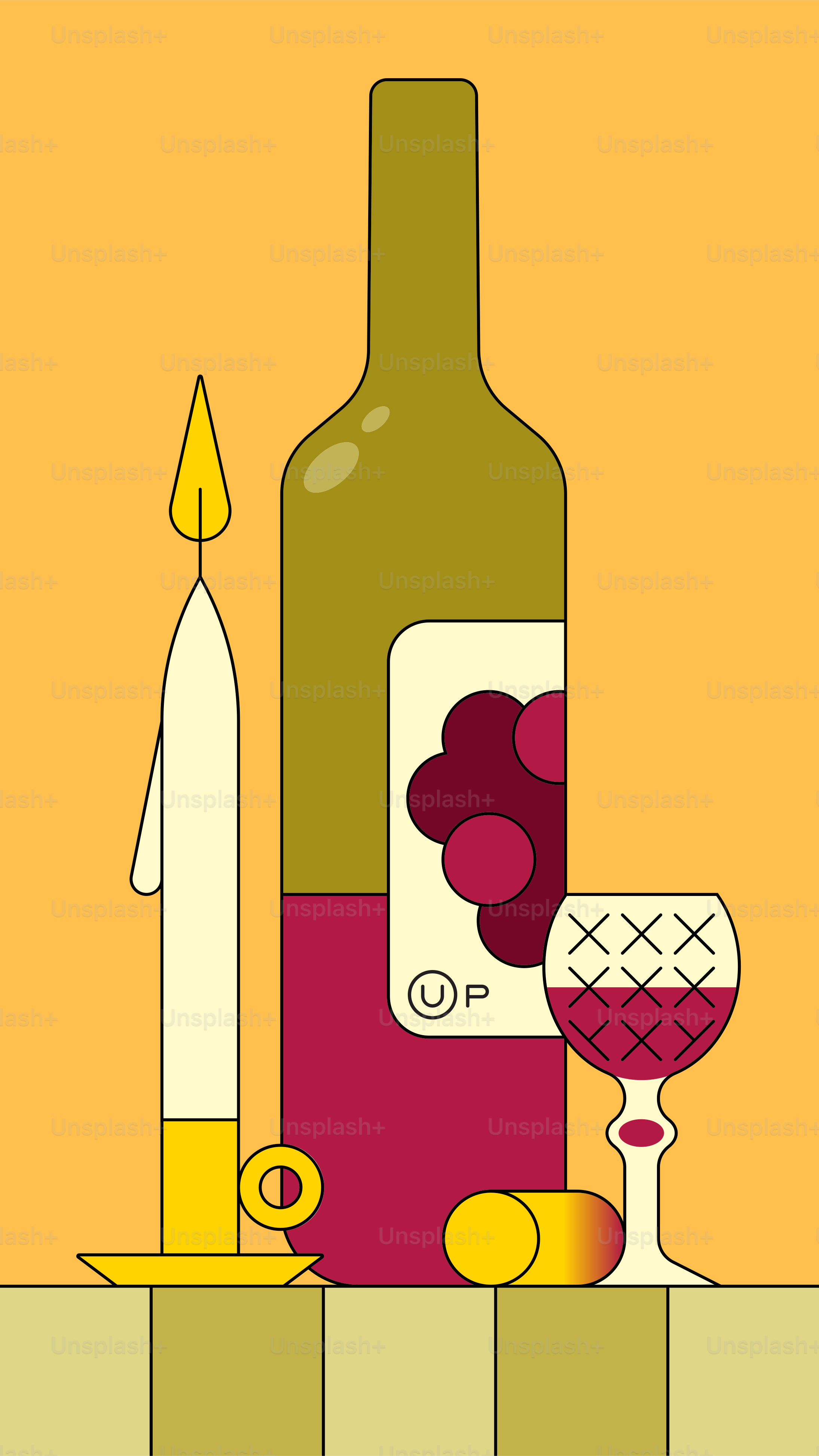 Weinflasche, Glas und Kerze auf karierter Oberfläche.