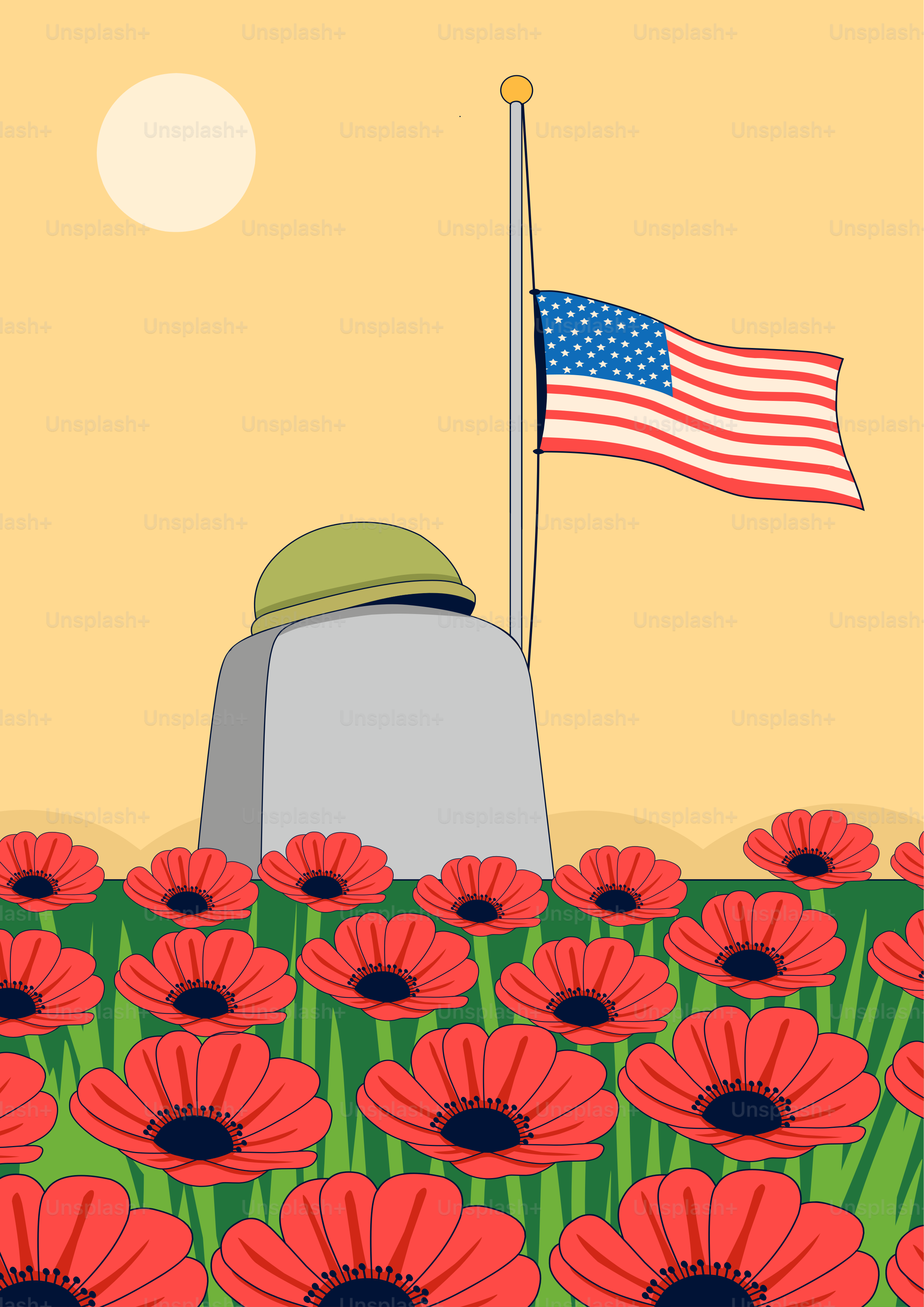 American flag at half-mast with poppies and helmet.
