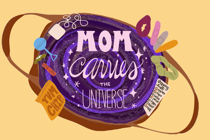 Mom carries the universe with baby items.