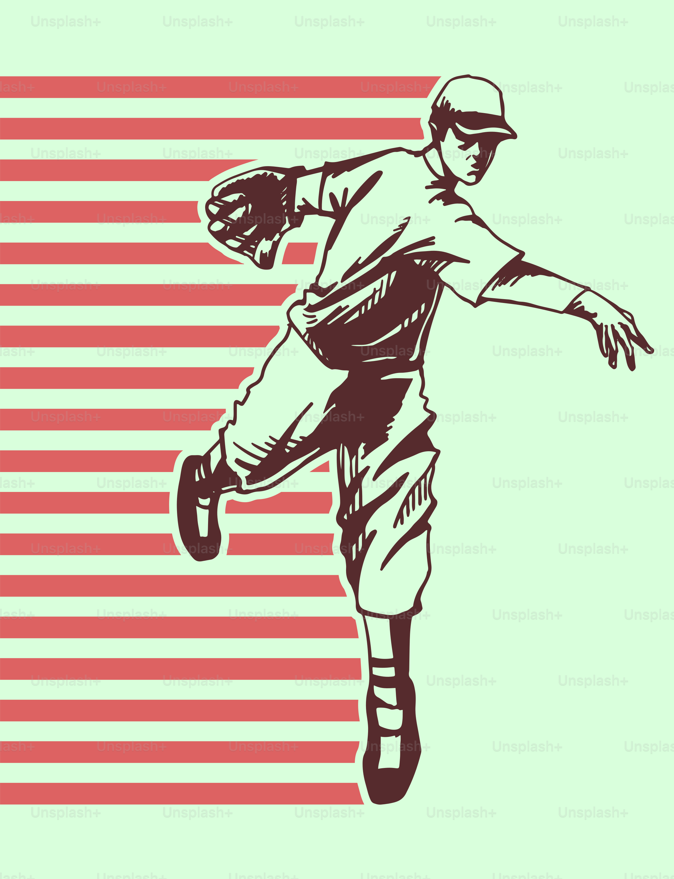 Lanceur de baseball en plein lancer sur fond rayé