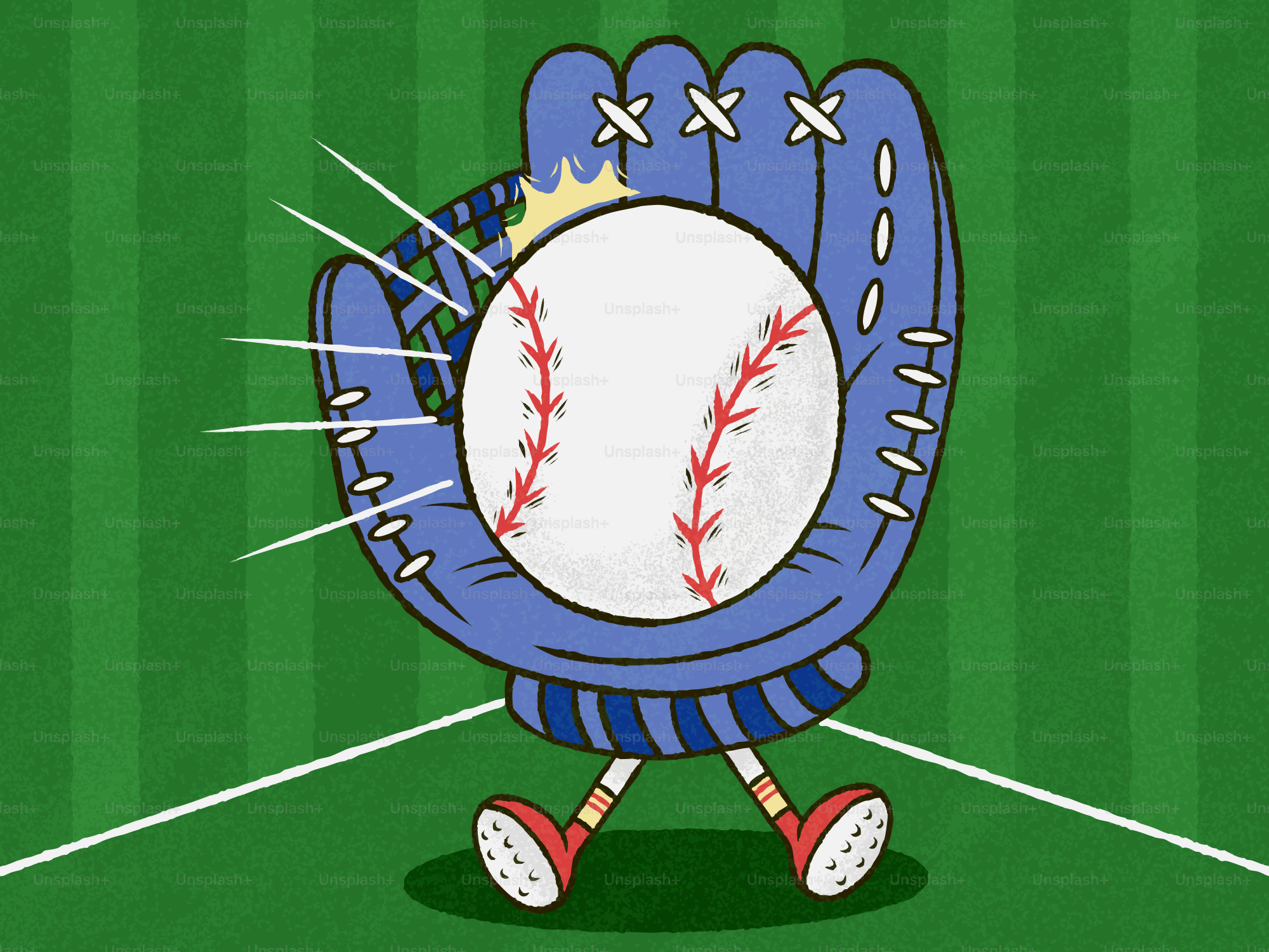 Ein Baseballhandschuh, der einen Baseball auf dem Spielfeld fängt