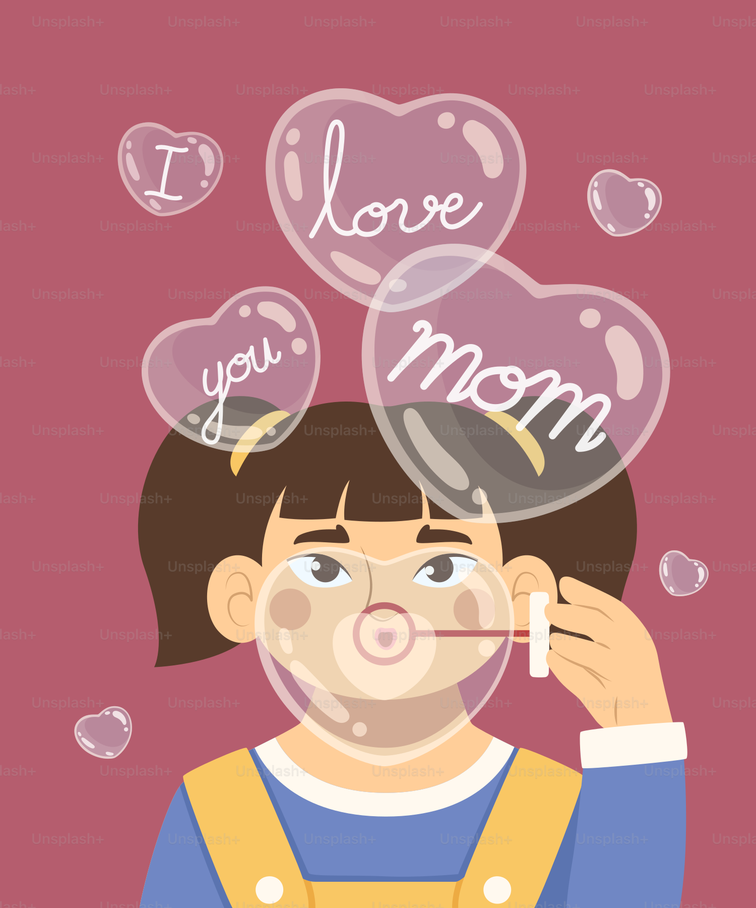 Mädchen bläst herzförmige Blasen, auf denen steht: "Ich liebe Mama"