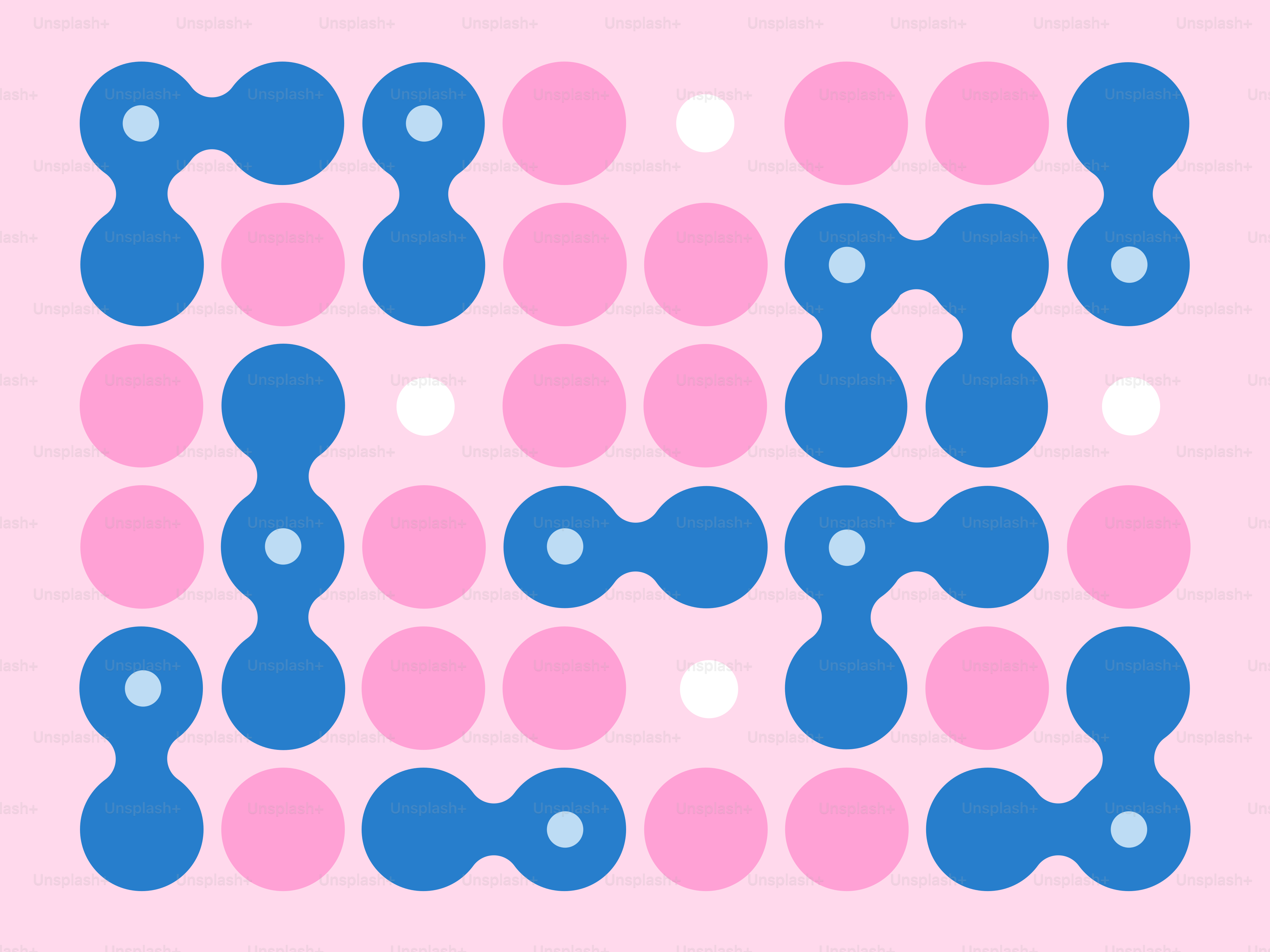 Círculos azules y rosas con puntos blancos sobre fondo rosa