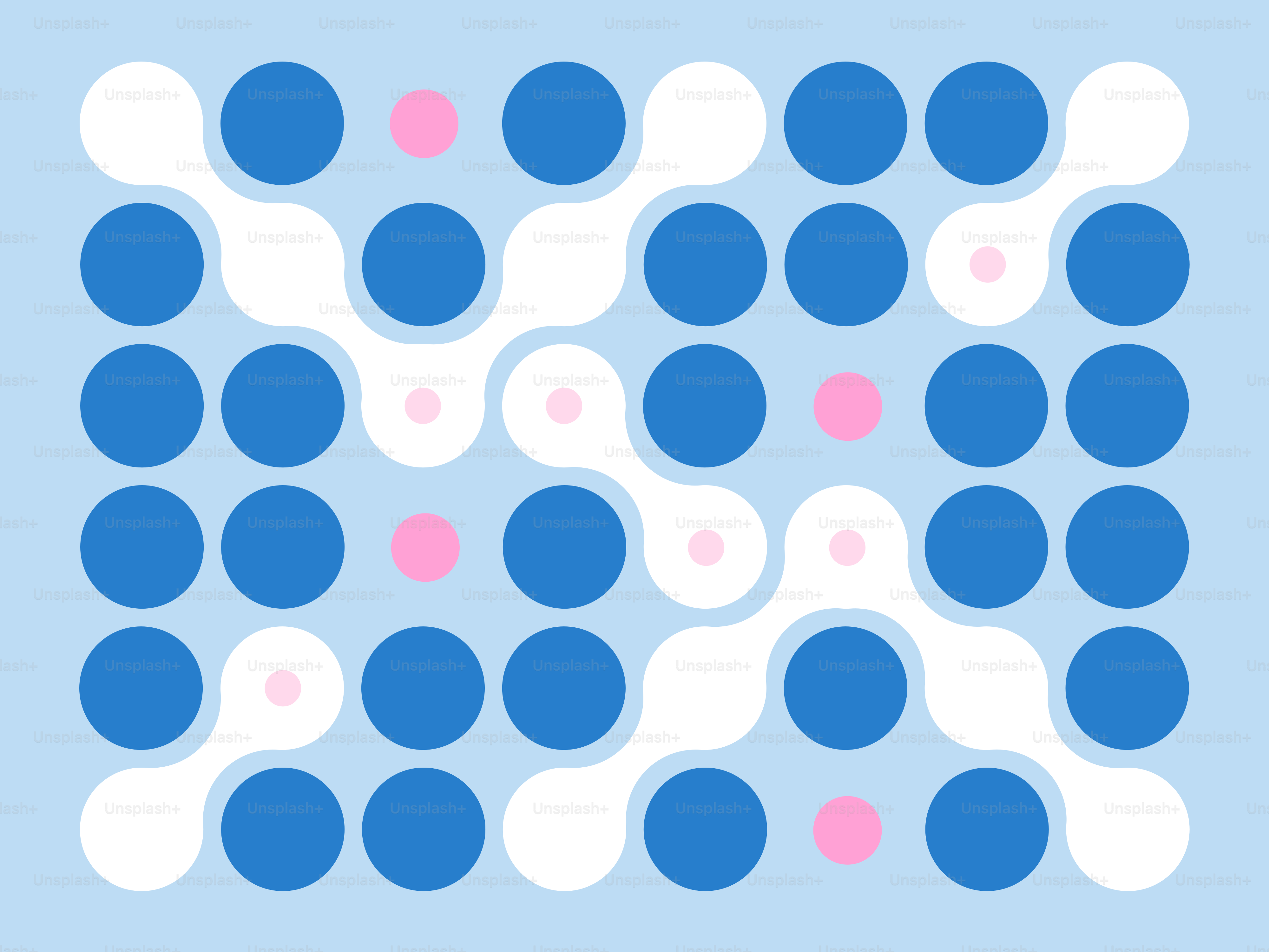 Patrón abstracto de círculos azules, rosas y blancos.