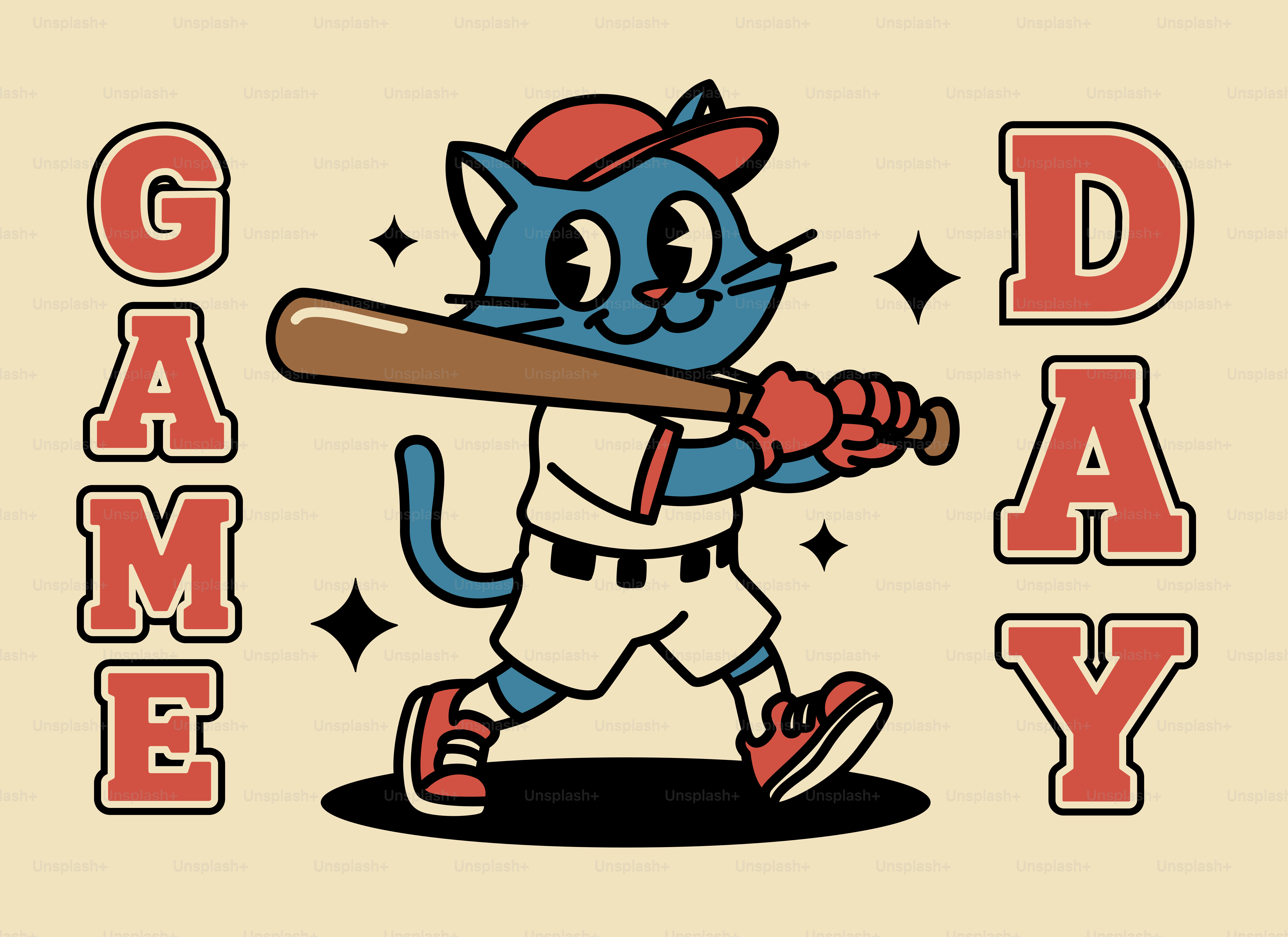 야구 유니폼을 입고 방망이를 든 만화 고양이