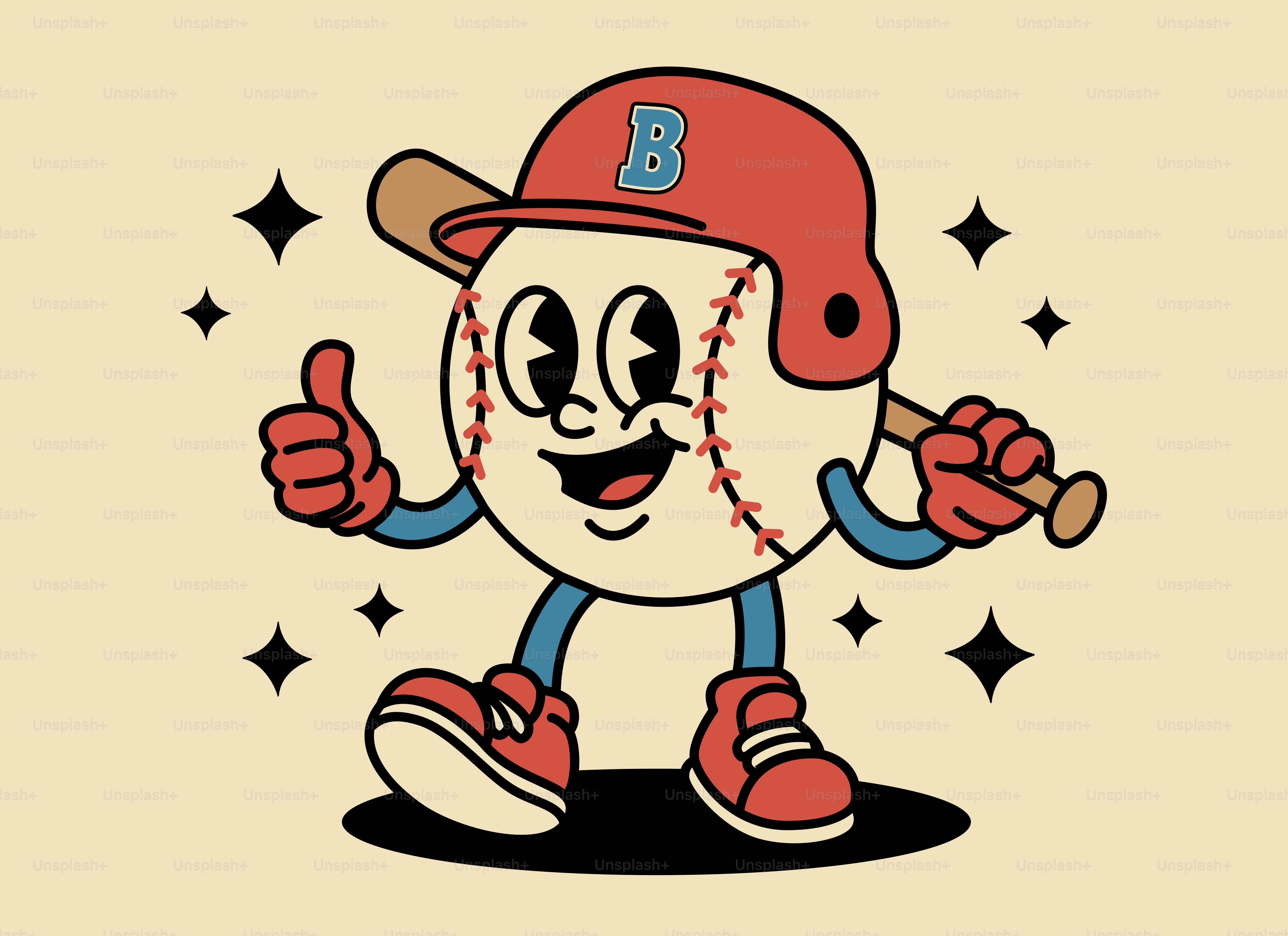 방망이와 헬멧을 쓴 만화 야구 캐릭터