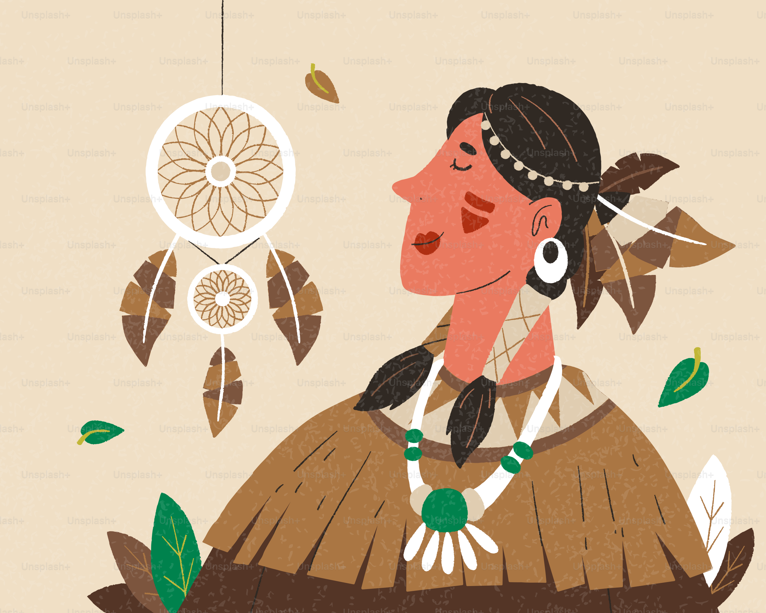 Donna nativa americana con acchiappasogni e abbigliamento tribale