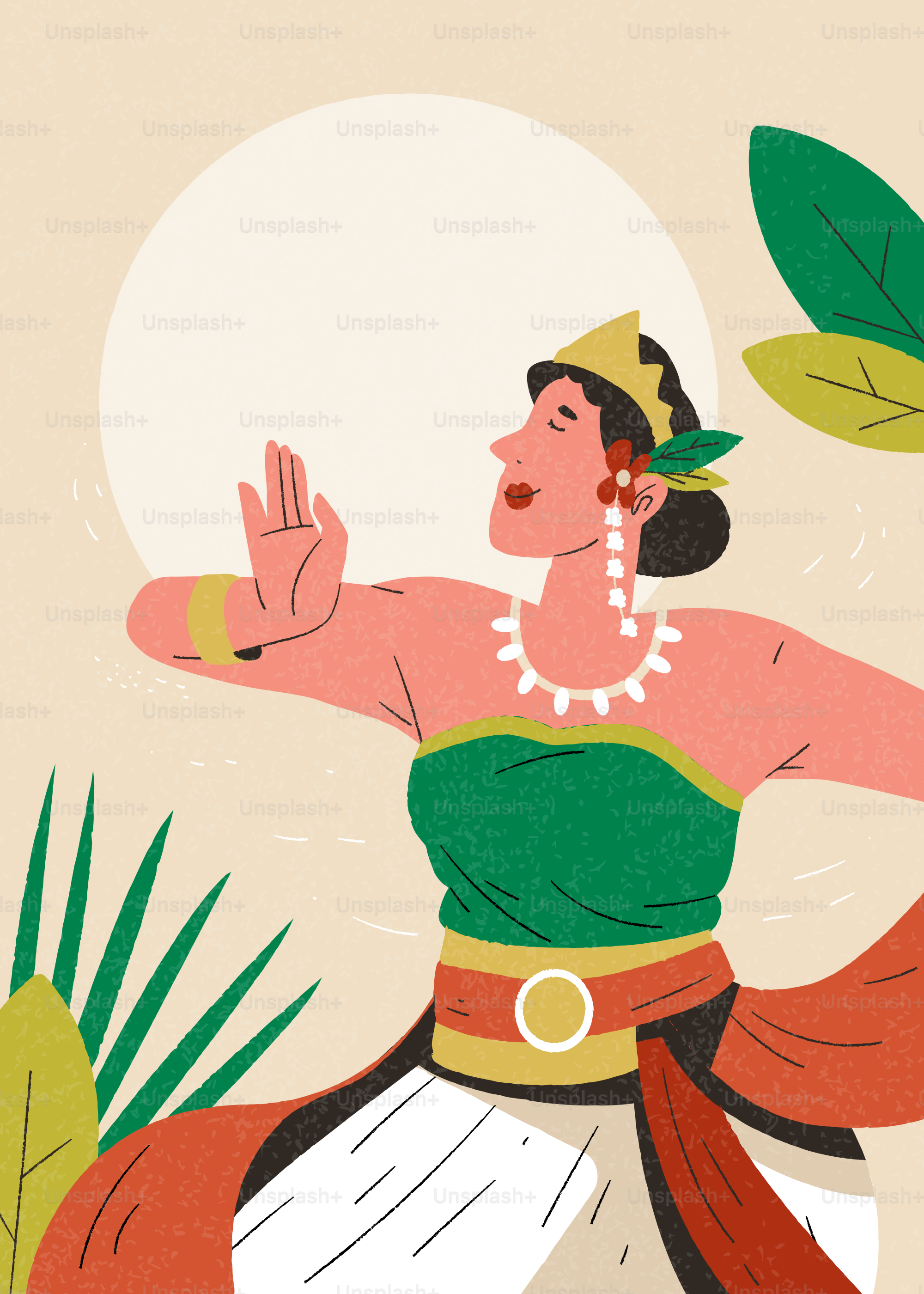 Donna in costume tradizionale che balla con le foglie