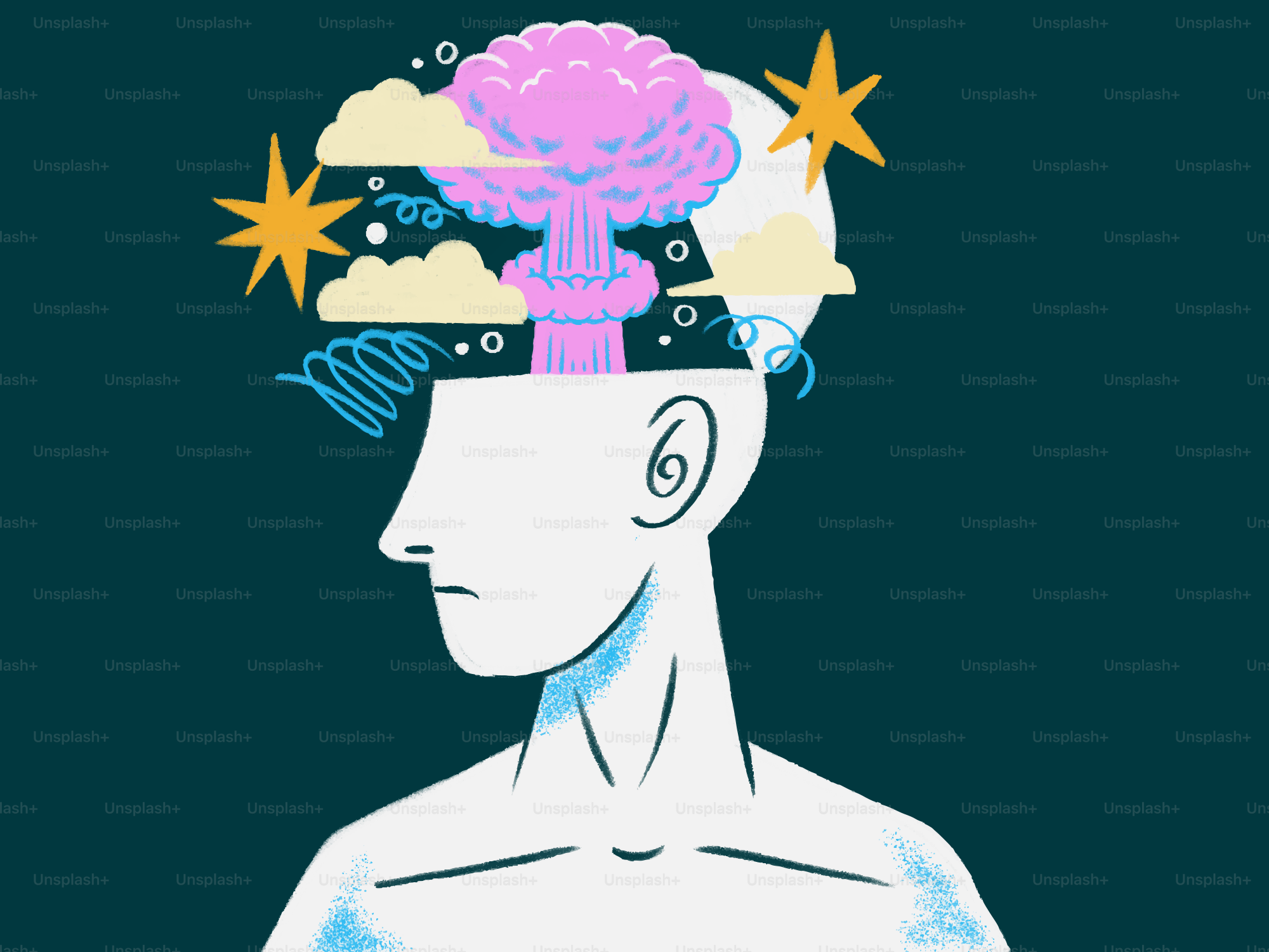 Une explosion jaillit de la tête, symbolisant le chaos mental