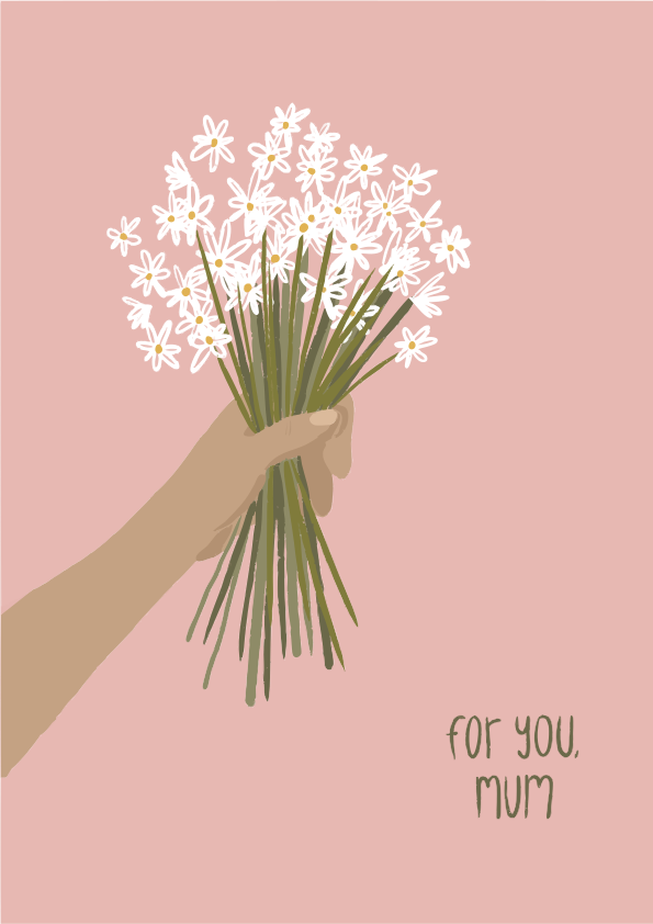 Hand holding a bouquet of white flowers with pink background