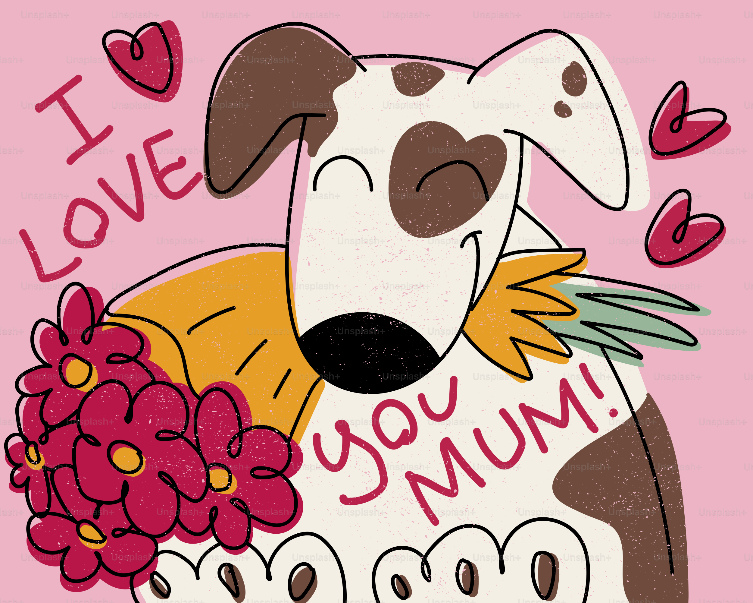 Un cane che tiene dei fiori con un messaggio 'ti voglio bene mamma!'.