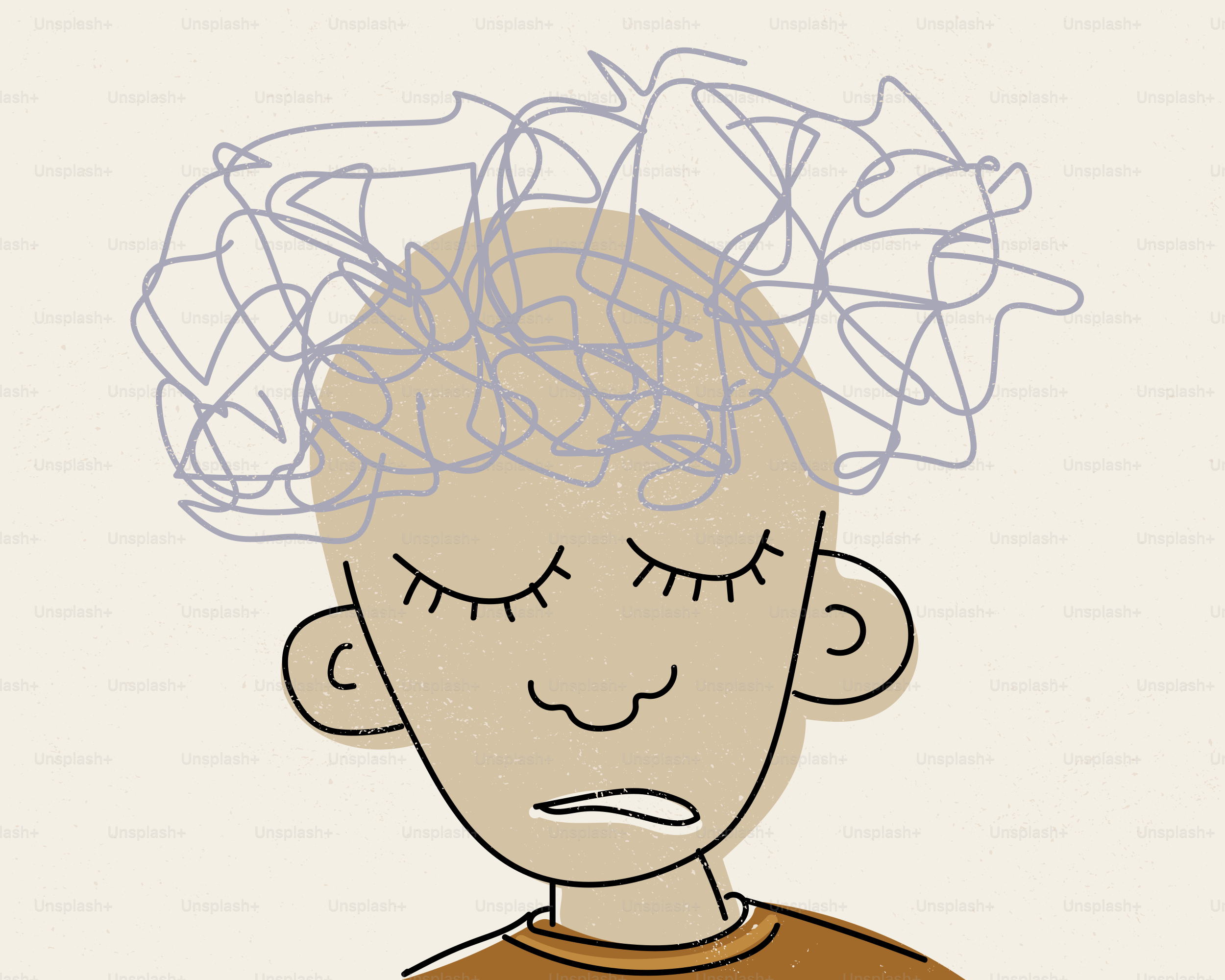 Persona con pensieri intrecciati e occhi chiusi