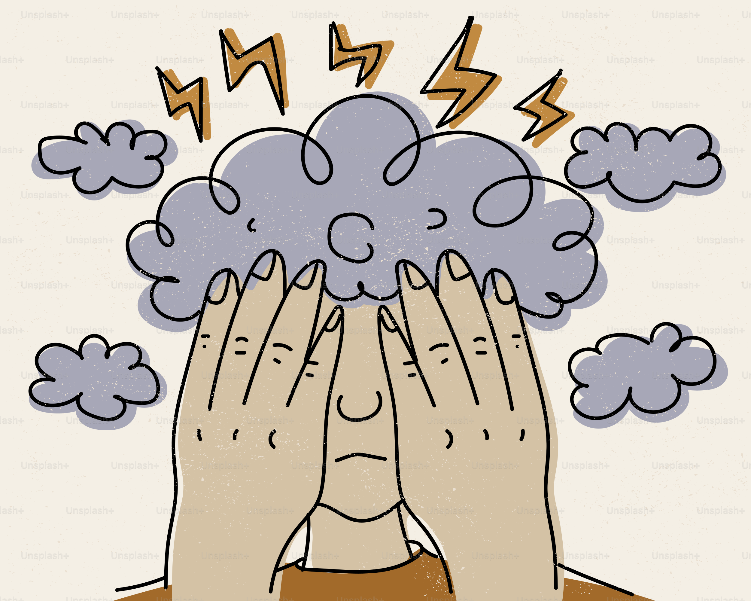 Persona che copre il volto con le mani sotto nuvole temporali.