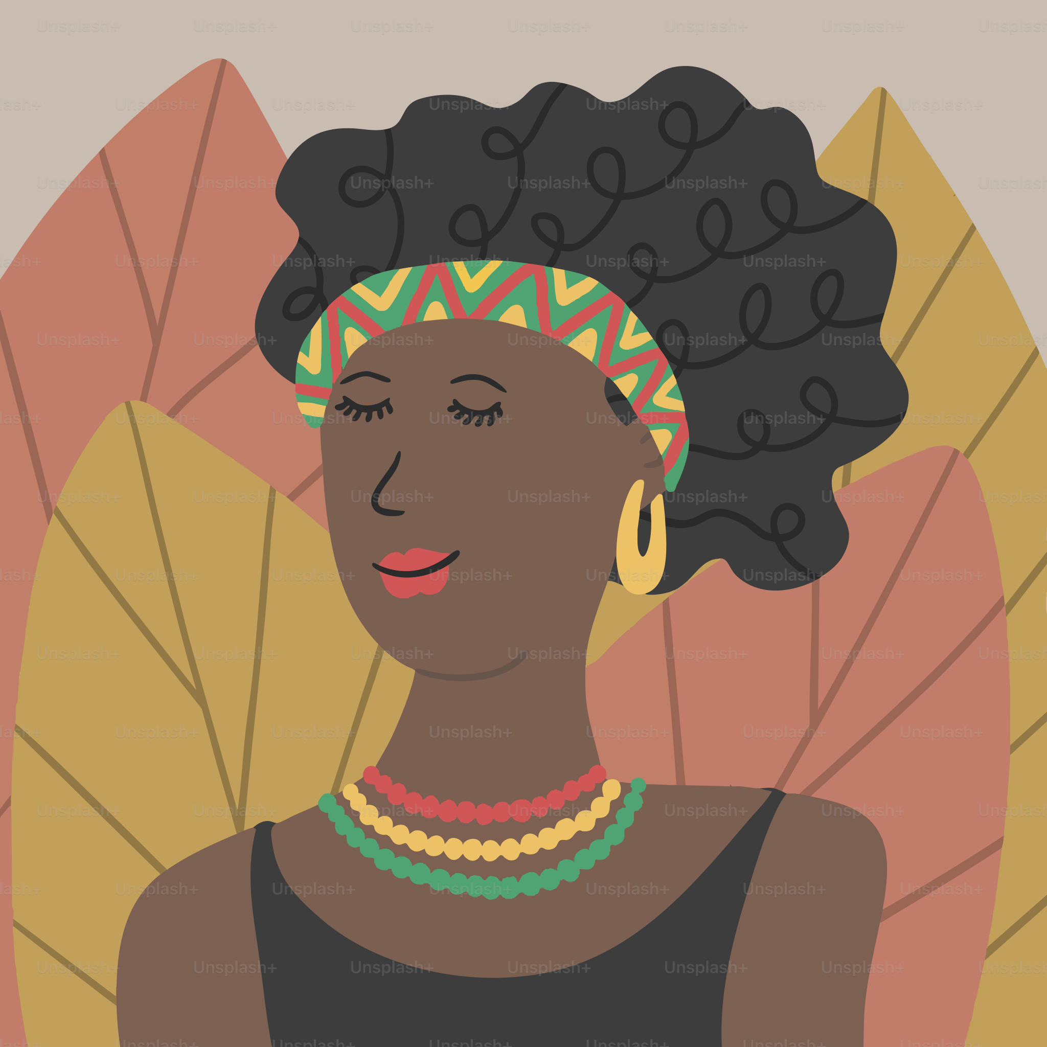 Eine Frau mit dunklem, lockigem Haar und bunten Perlen.