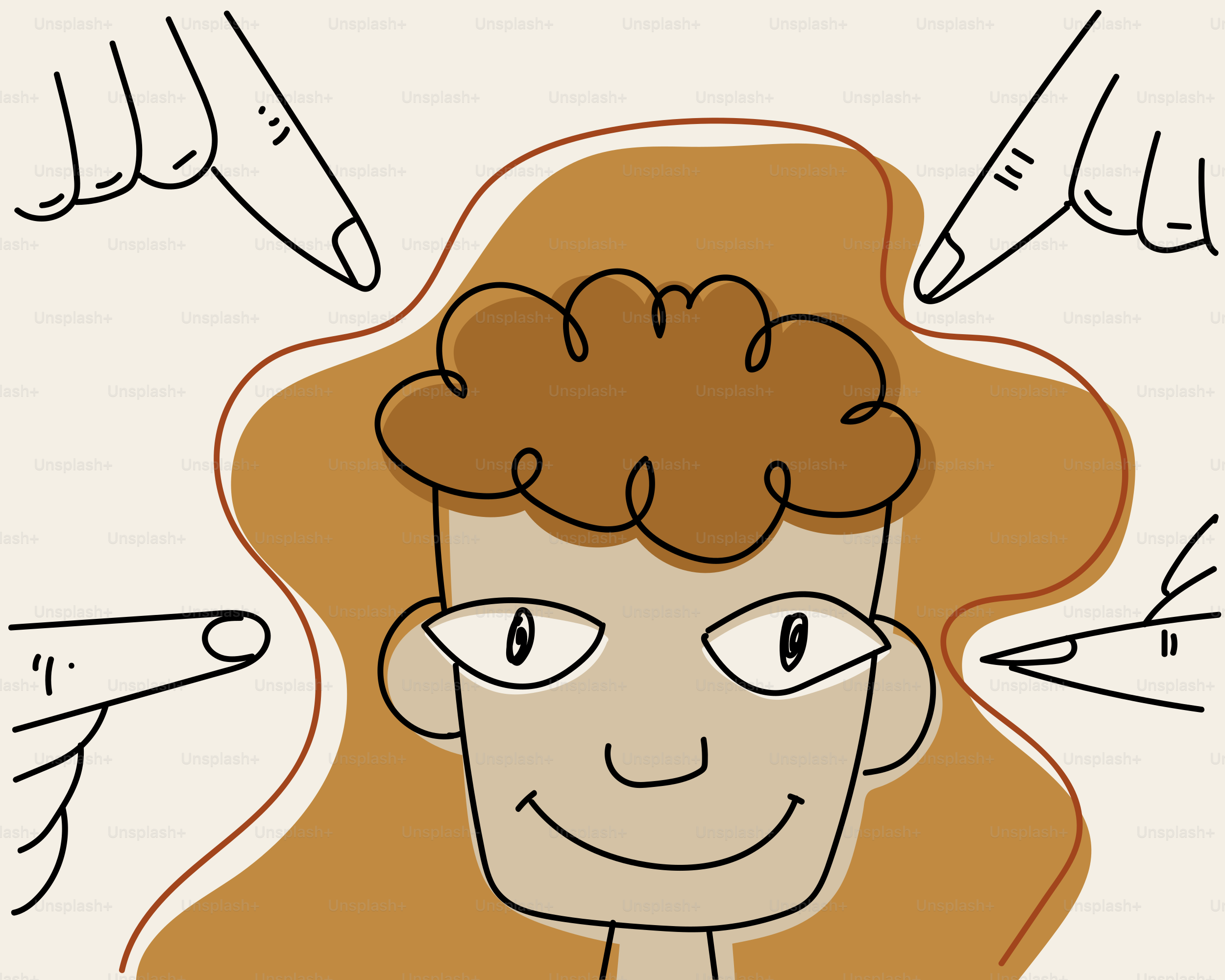 Quattro dita che puntano la testa di una persona sorridente.