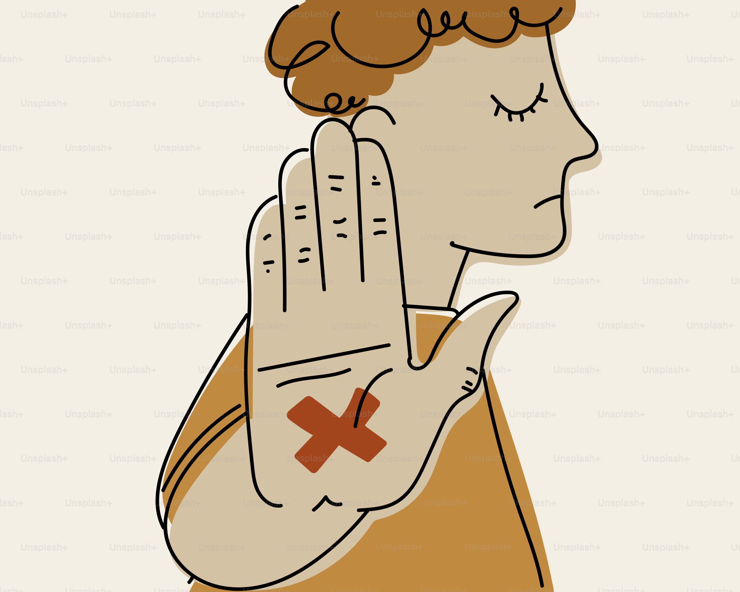 Persona con la mano alzata che mostra una croce rossa.