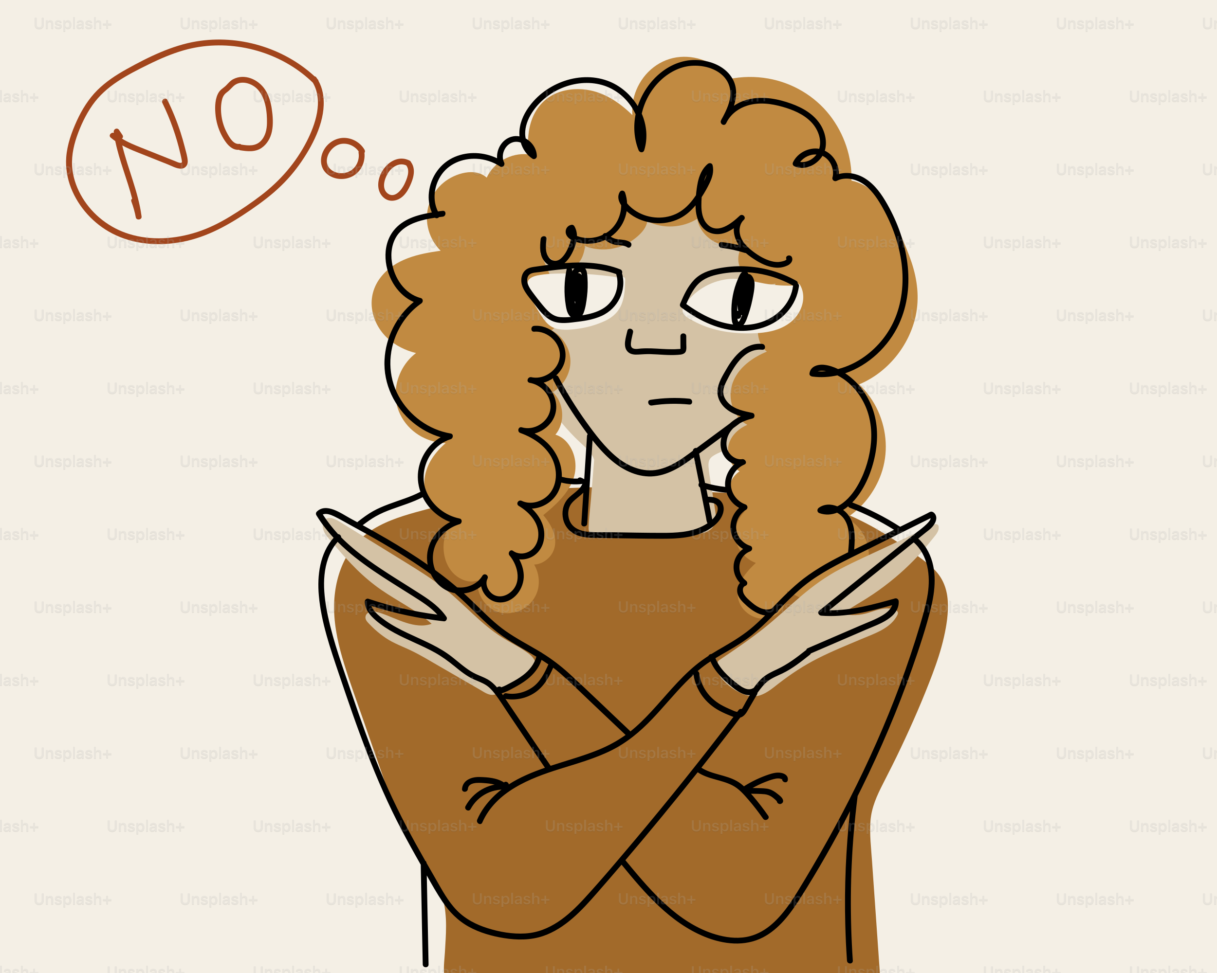 Donna con capelli ricci che incrociano le braccia, pensando di no.