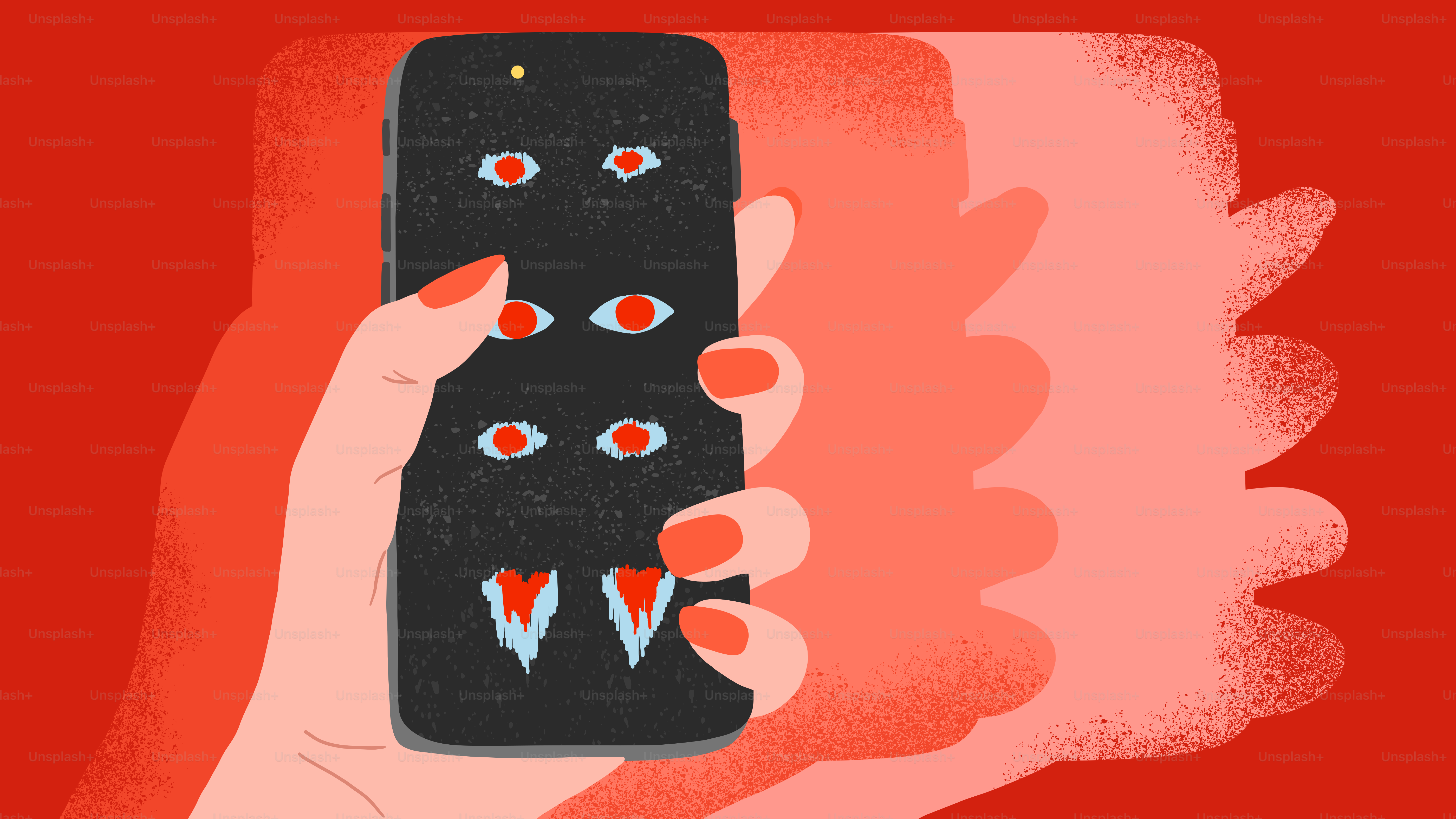 Hand holding phone with watchful eyes and fangs.